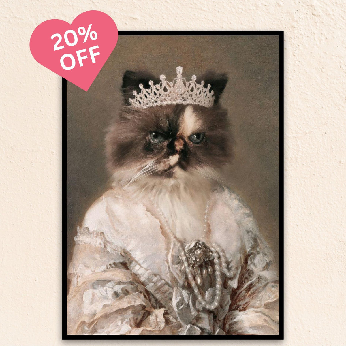 Custom royal cat portrait hallway wall art. Persian cat wearing diamond crown and regal dress with pearls.