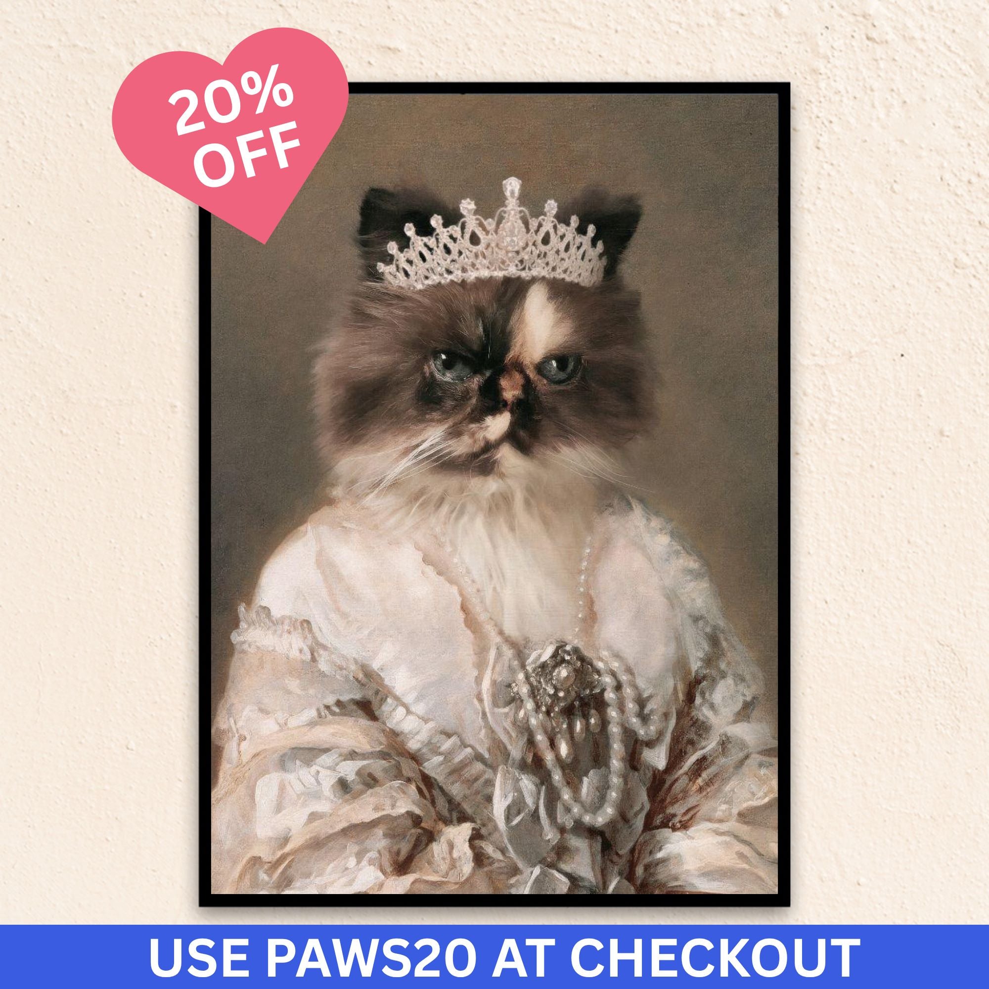 Custom royal cat portrait hallway wall art. Persian cat wearing diamond crown and regal dress with pearls.