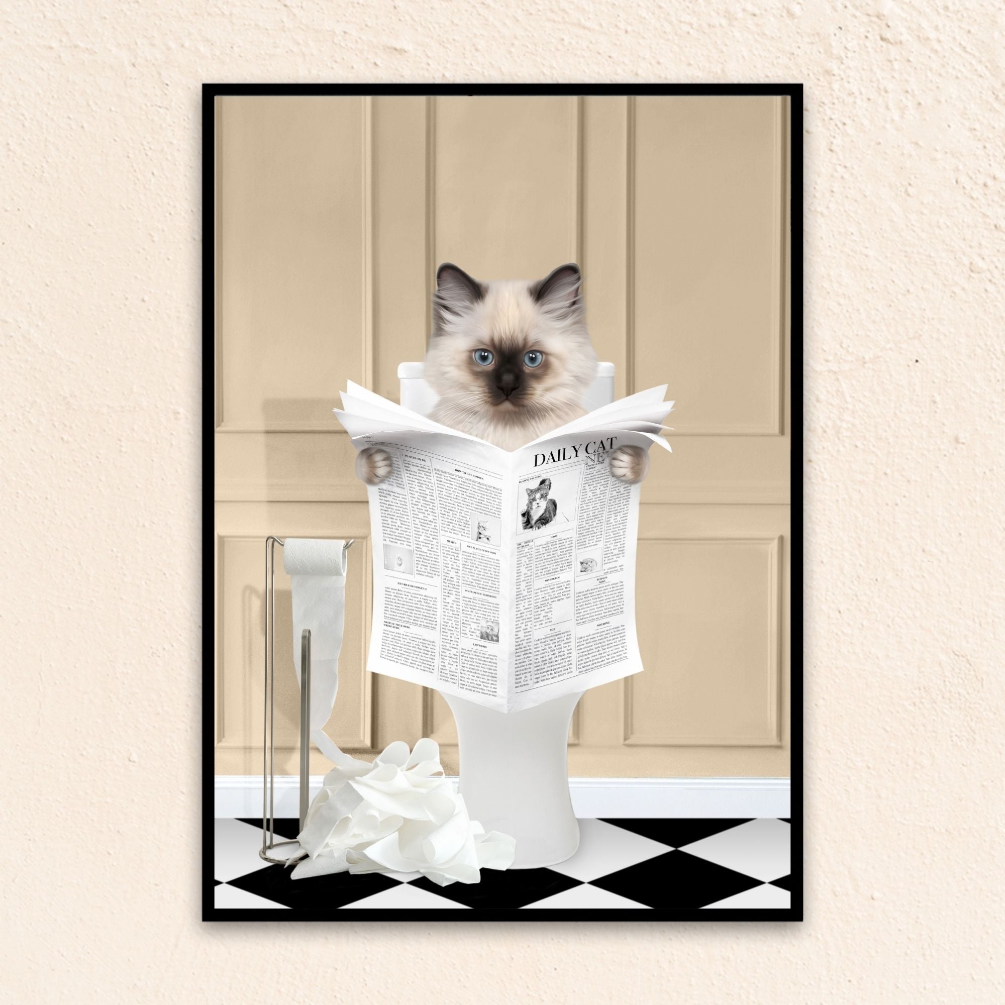 Custom bathroom cat portrait. Siamese kitten holding newspaper on toilet with black and white checker tiled floor.