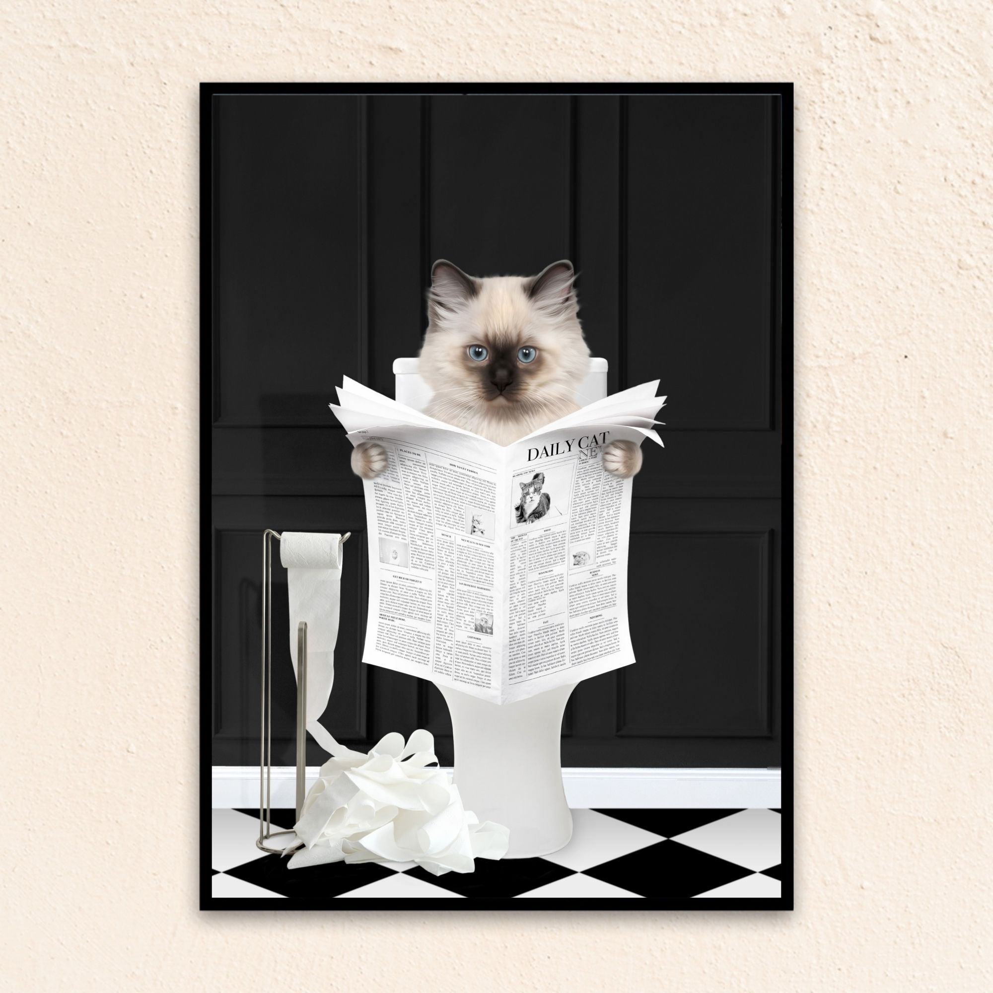 Custom bathroom cat portrait. Siamese kitten holding newspaper on toilet with black and white checker tiled floor.