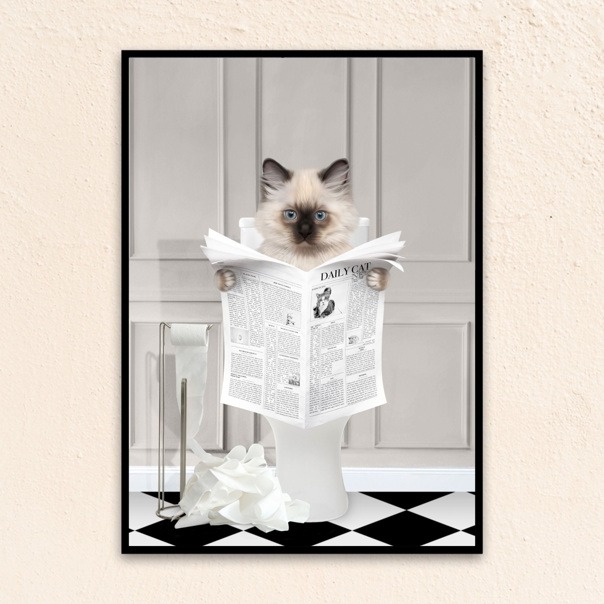 Custom bathroom cat portrait. Siamese kitten holding newspaper on toilet with black and white checker tiled floor.