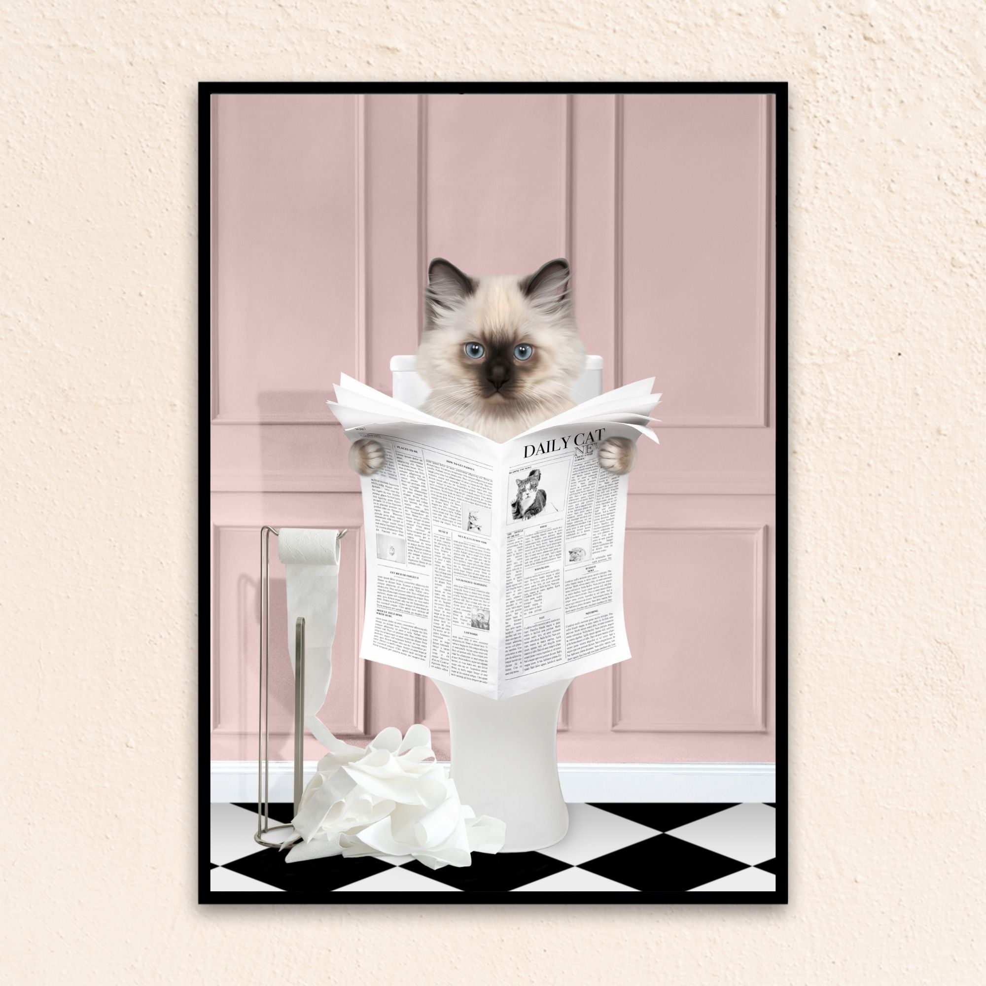 Custom bathroom cat wall art. Siamese kitten holding newspaper on toilet with black and white checker tiled floor.
