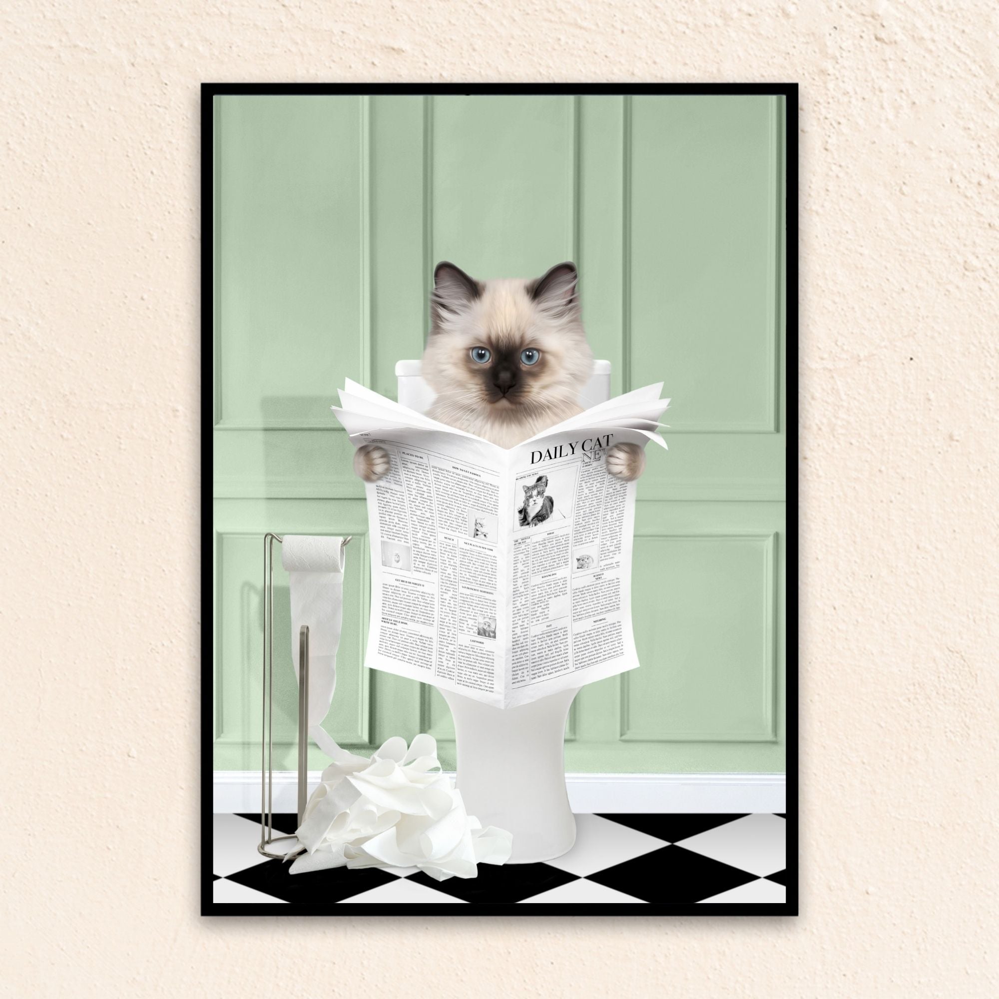 Custom bathroom cat portrait. Siamese kitten holding newspaper on toilet with black and white checker tiled floor.