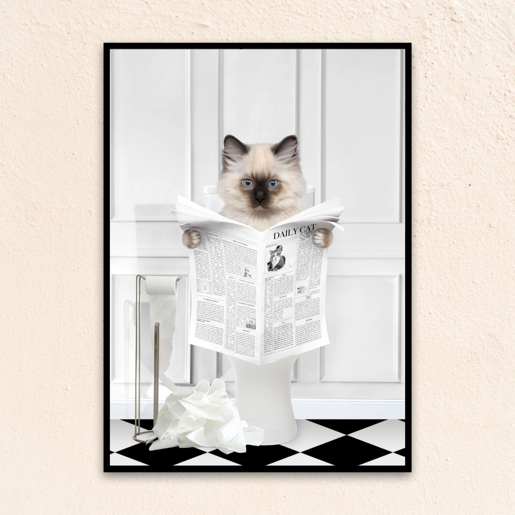 Custom bathroom cat portrait. Siamese kitten holding newspaper on toilet with black and white checker tiled floor.