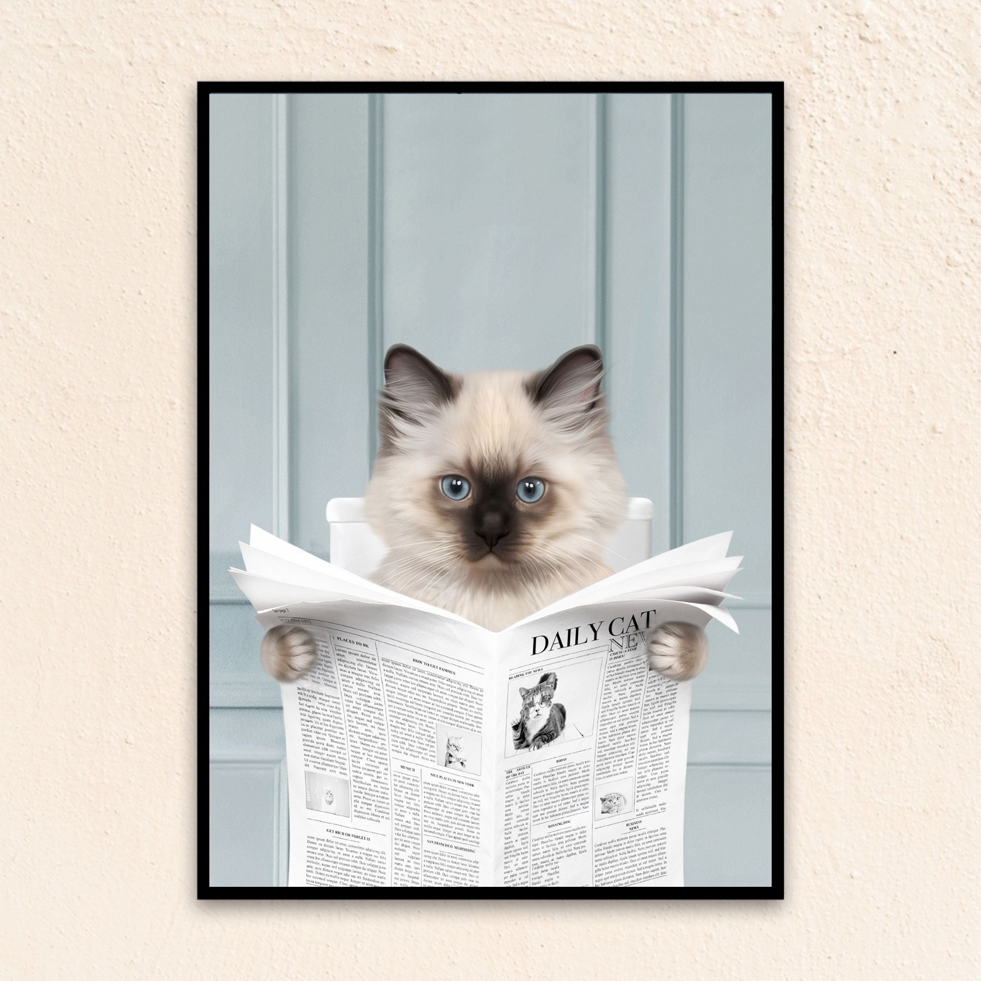 Custom bathroom cat portrait. Siamese kitten holding newspaper on toilet with black and white checker tiled floor.