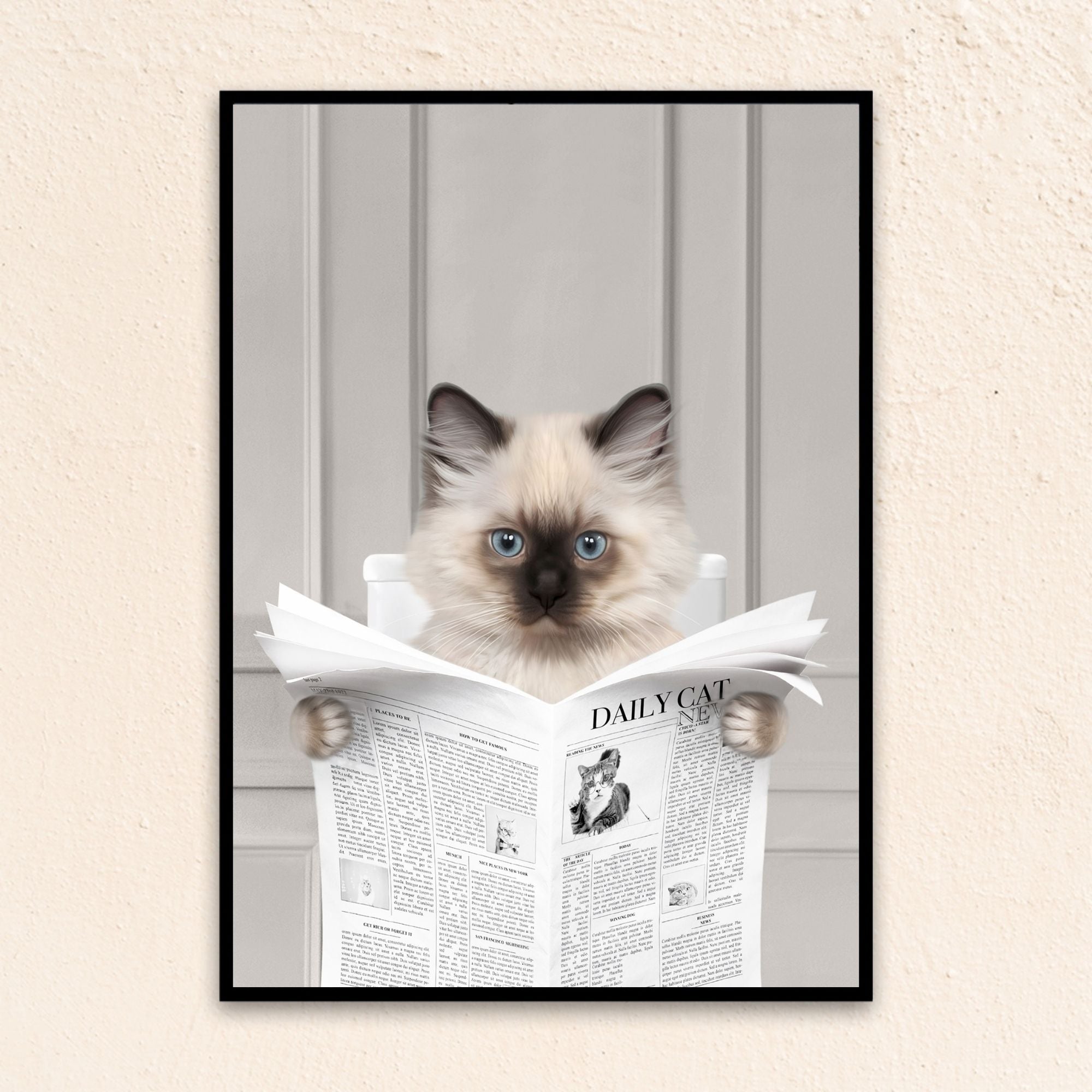 Custom bathroom cat portrait. Siamese kitten holding newspaper on toilet with black and white checker tiled floor.