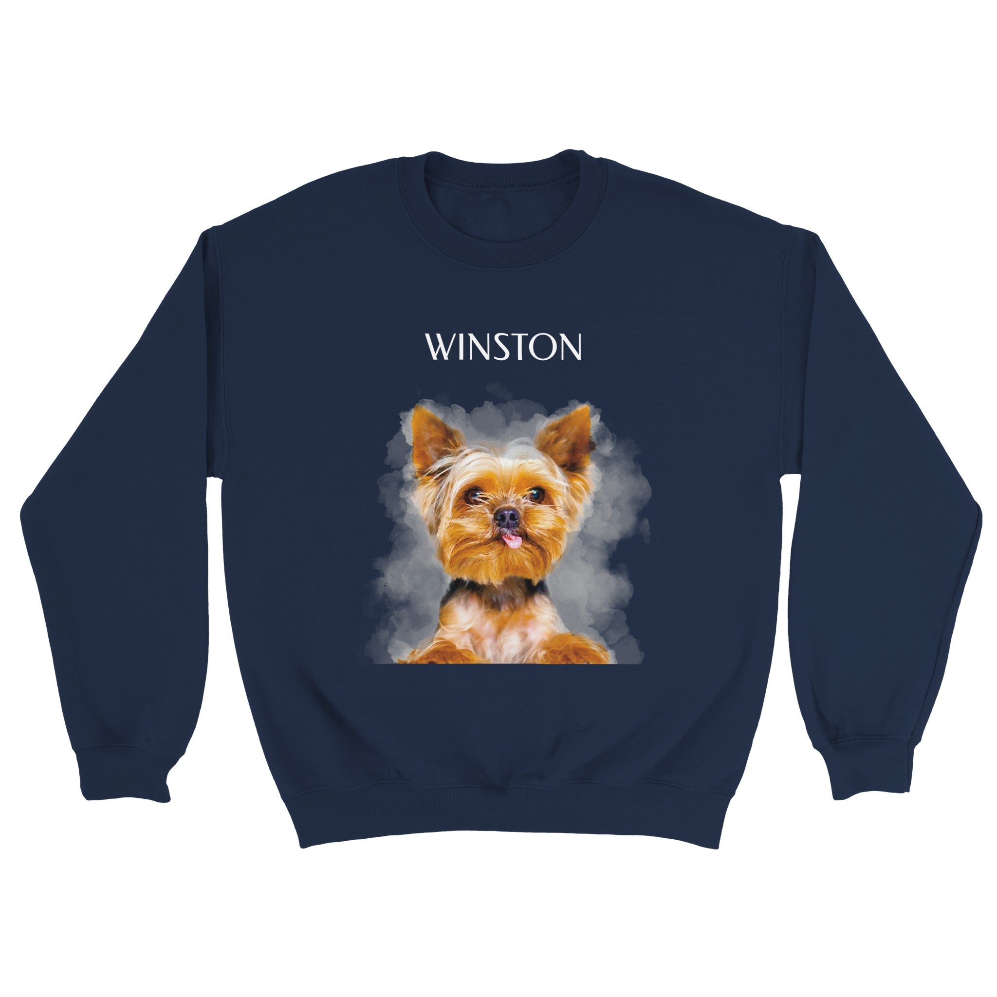 Custom watercolor pet portrait on navy sweatshirt. Yorkie with the pet's name above the pet and gray watercolor background.