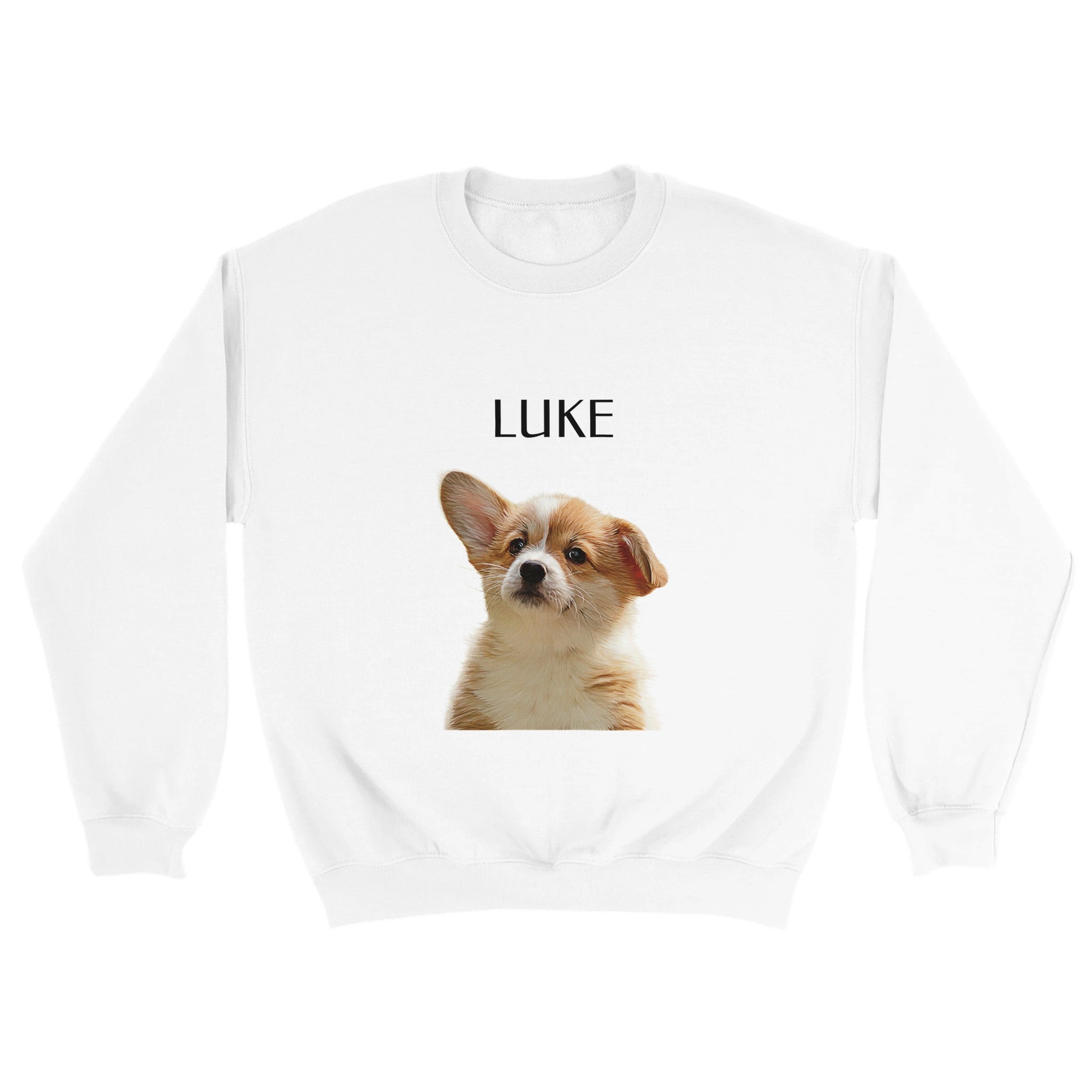 Custom minimal pet portrait on white sweatshirt. Corgi puppy with pet's name above pet.