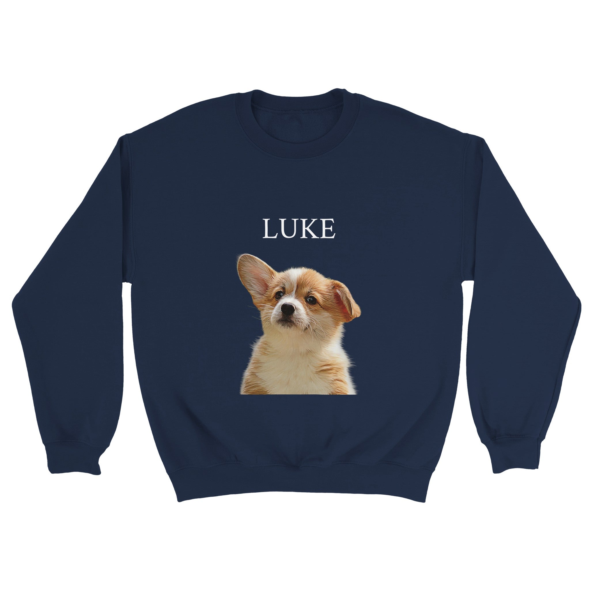 Custom minimal pet portrait on navy sweatshirt. Corgi puppy with pet's name above pet.