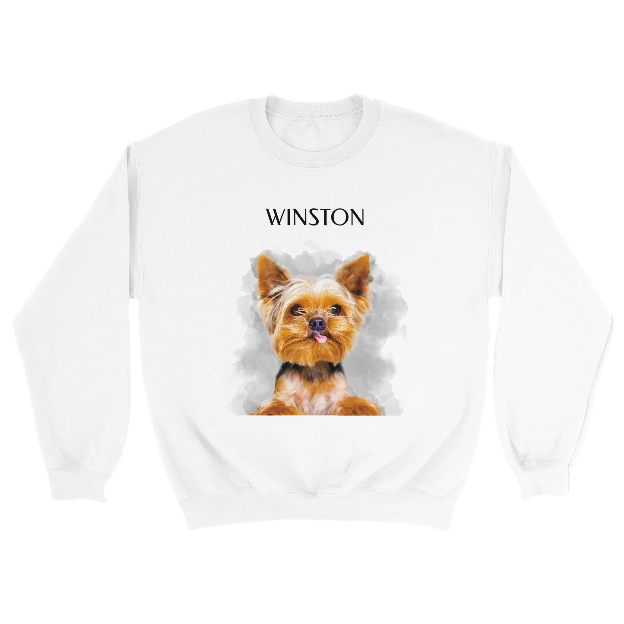 Custom watercolor pet portrait white sweatshirt. Yorkie with the pet's name above the pet and gray watercolor background.