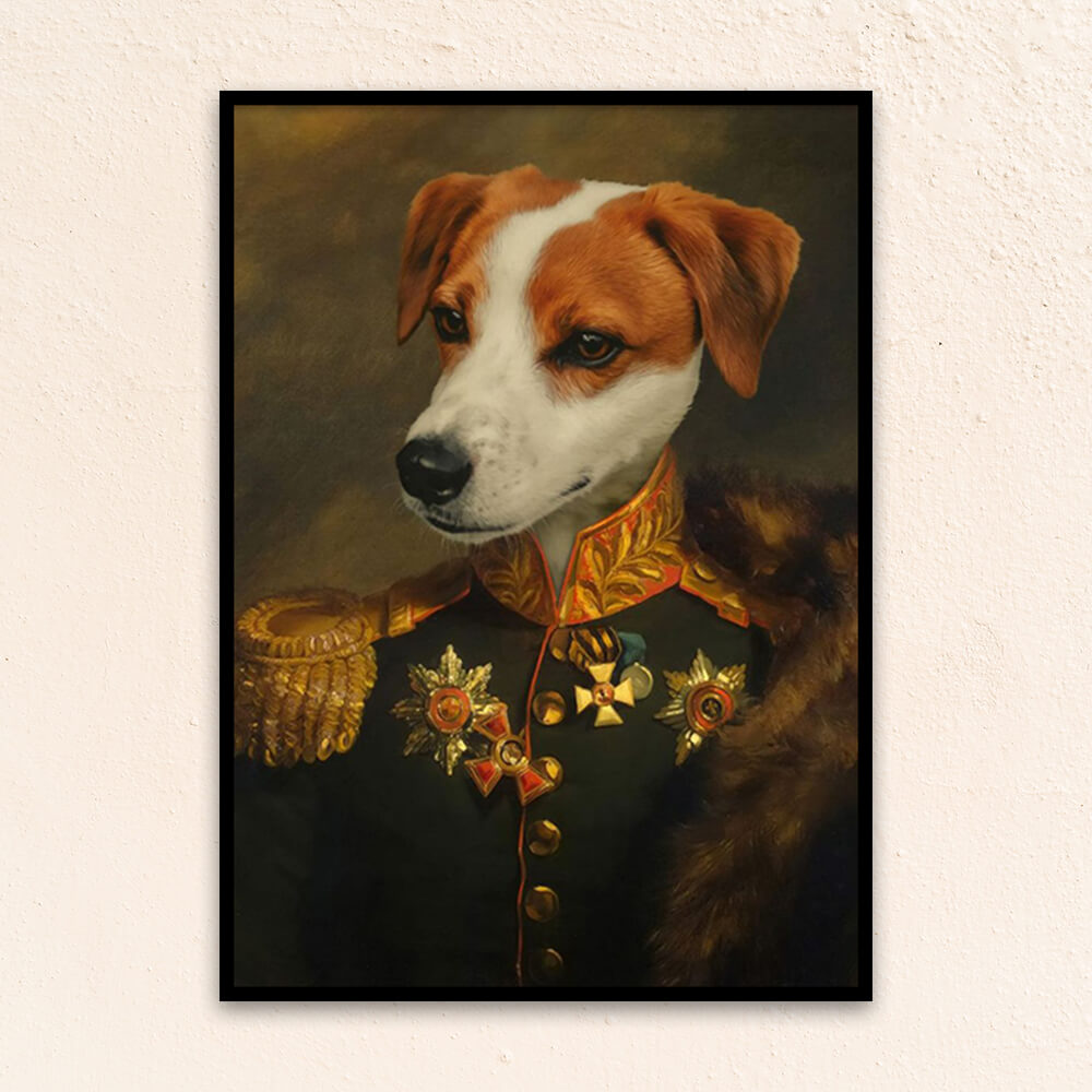 Custom military pet portrait wall art.  English Fox Hound in royal military costume with fur over shoulder. 