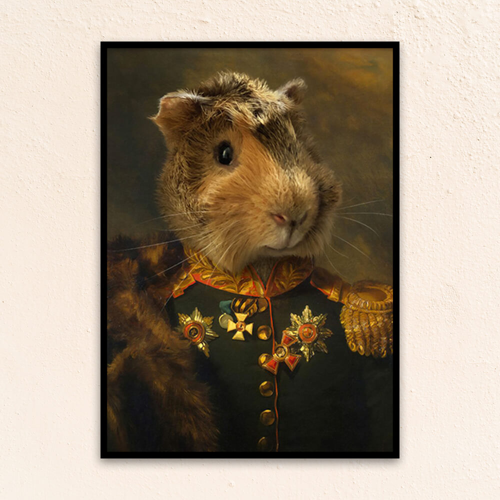 Custom military pet portrait wall art.  Guinea Pig in royal military costume with fur over shoulder. 