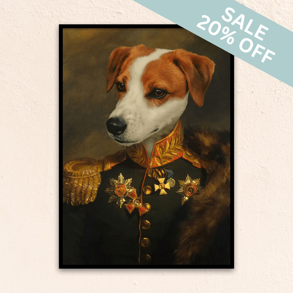 Custom military pet portrait wall art.  English Fox Hound in royal military costume with fur over shoulder. 