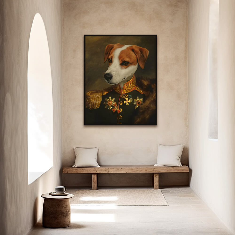 Custom military pet portrait hallway wall art.  English Fox Hound in royal military costume with fur over shoulder. 