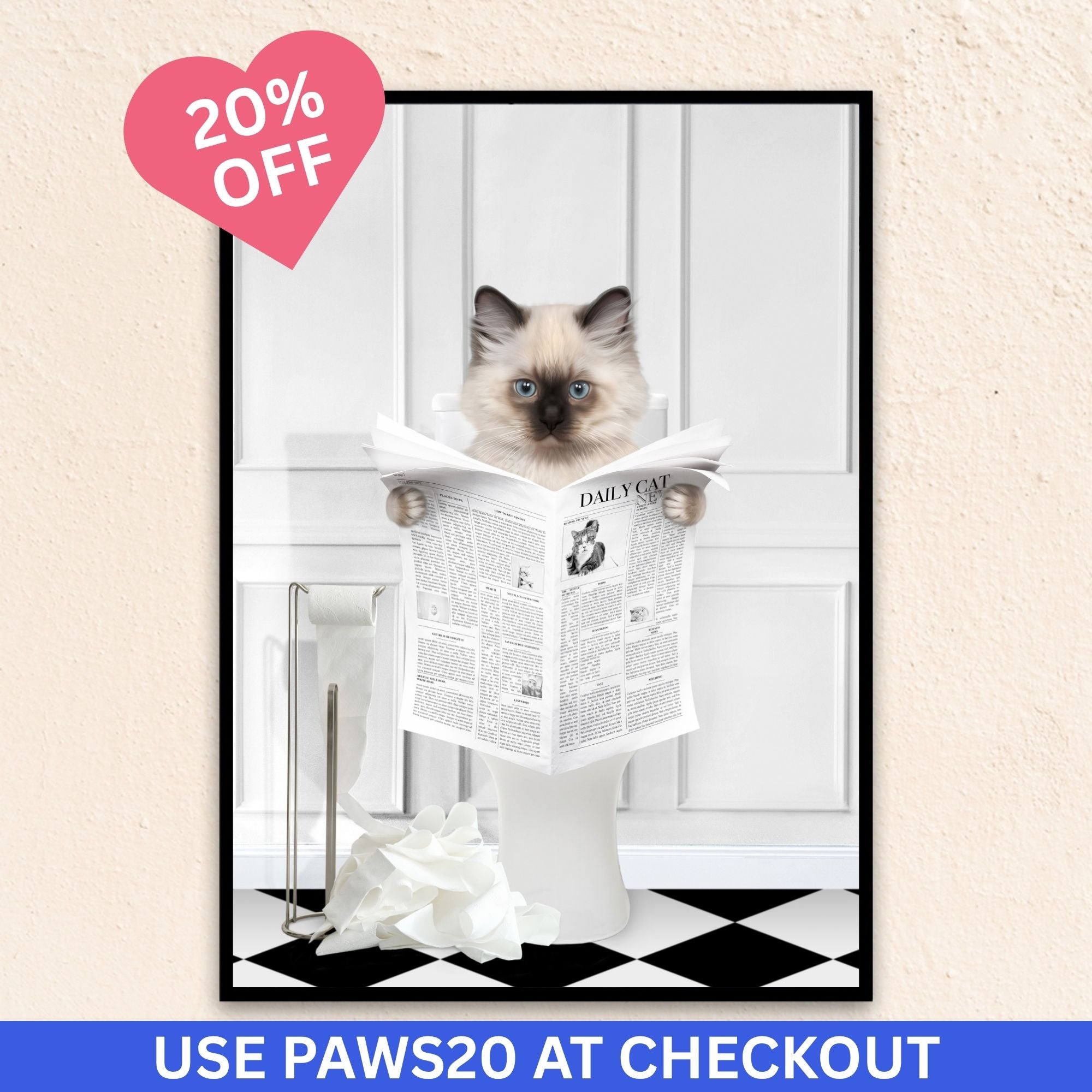 Custom bathroom cat portrait. Siamese kitten holding newspaper on toilet with black and white checker tiled floor.