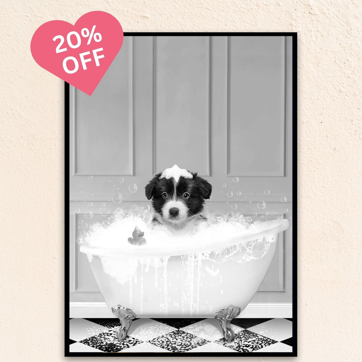 Black and white pet portrait of a dog sitting in a vintage clawfoot bathtub surrounded by bubbles.