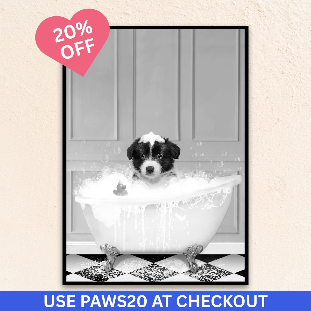 Black and white pet portrait of a dog sitting in a vintage clawfoot bathtub surrounded by bubbles.