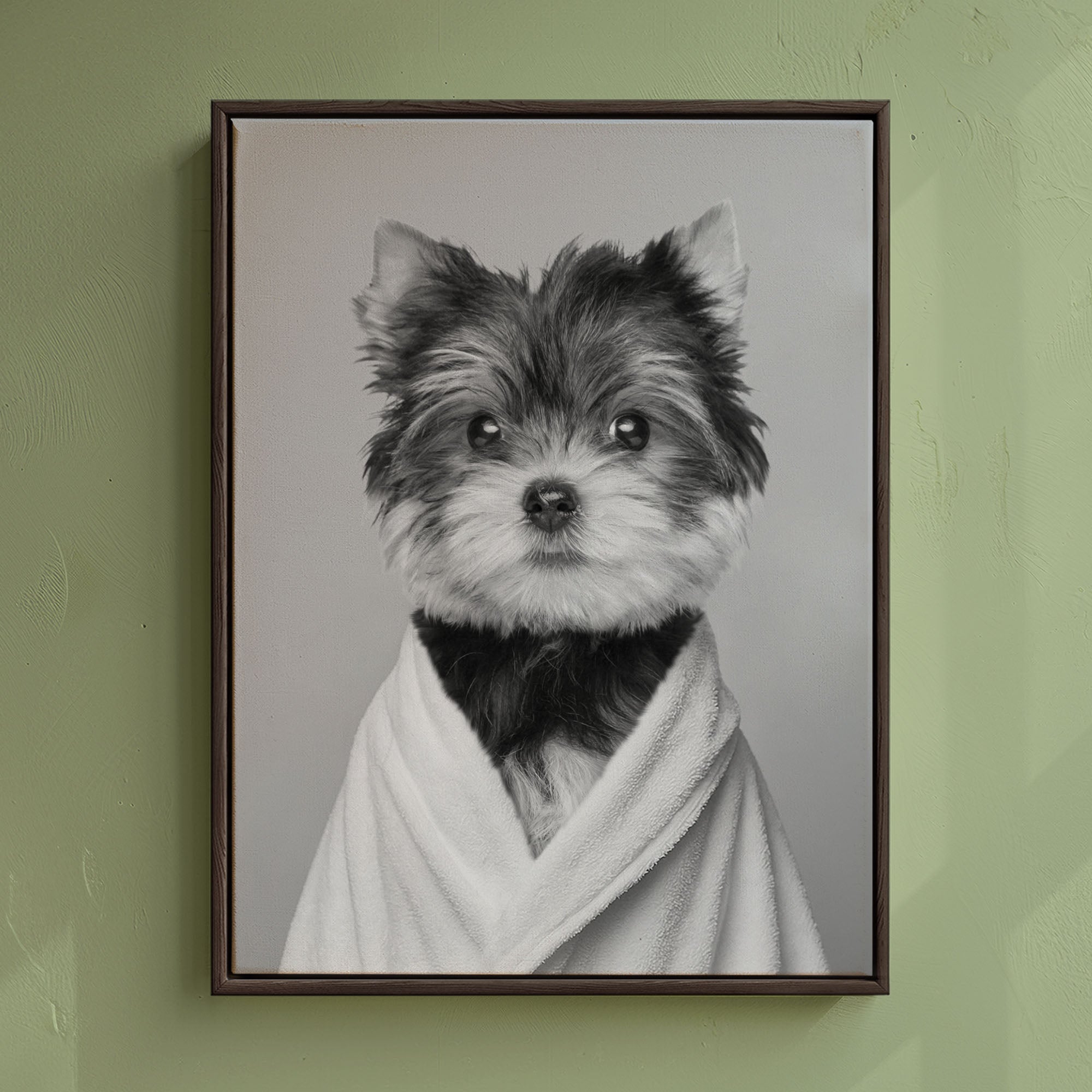 Custom Dog Bathroom art of a dog wrapped in a towel without a head wrap also available with a head wrap.