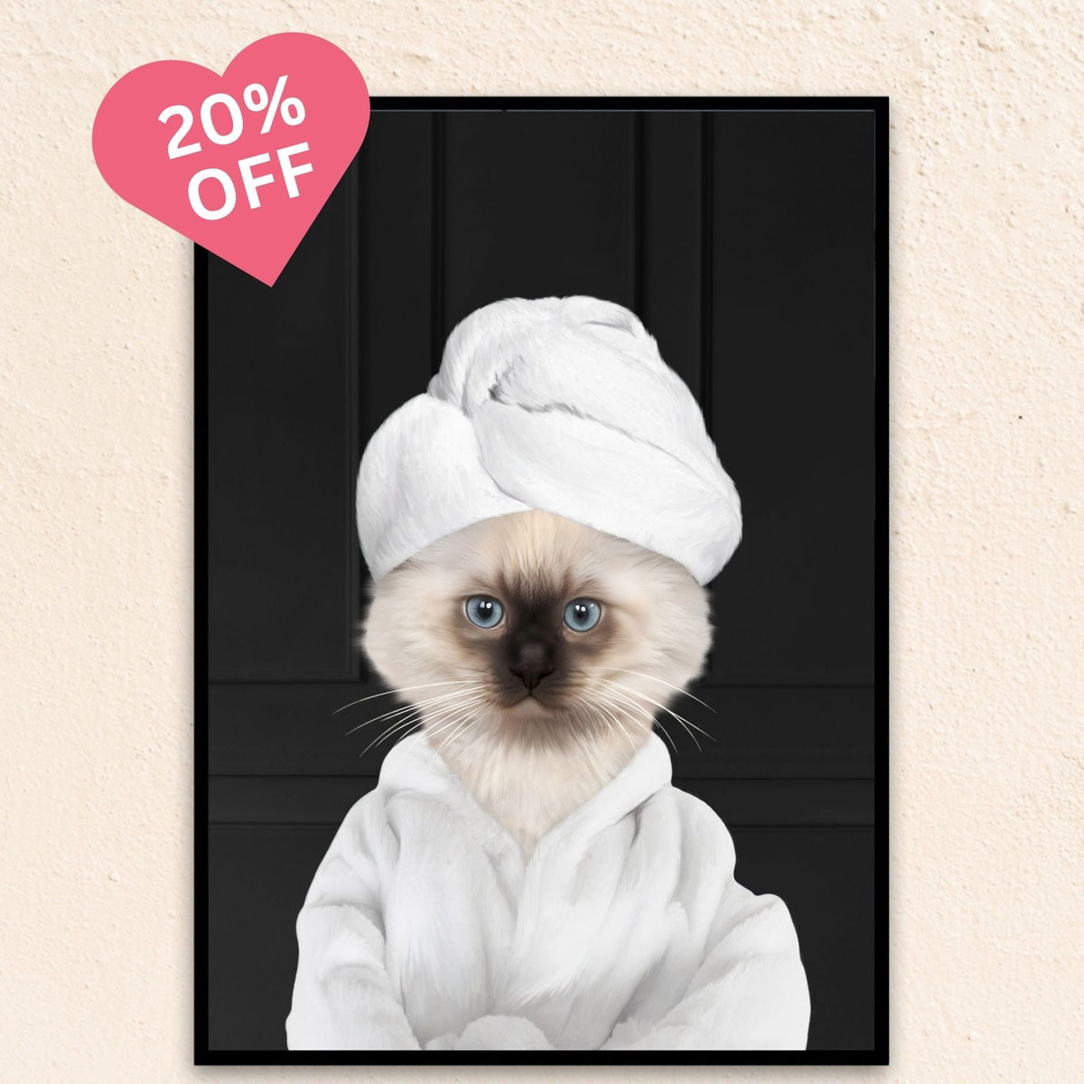 Funny cat portrait of a pampered feline in a bathrobe, set against a bold black background.