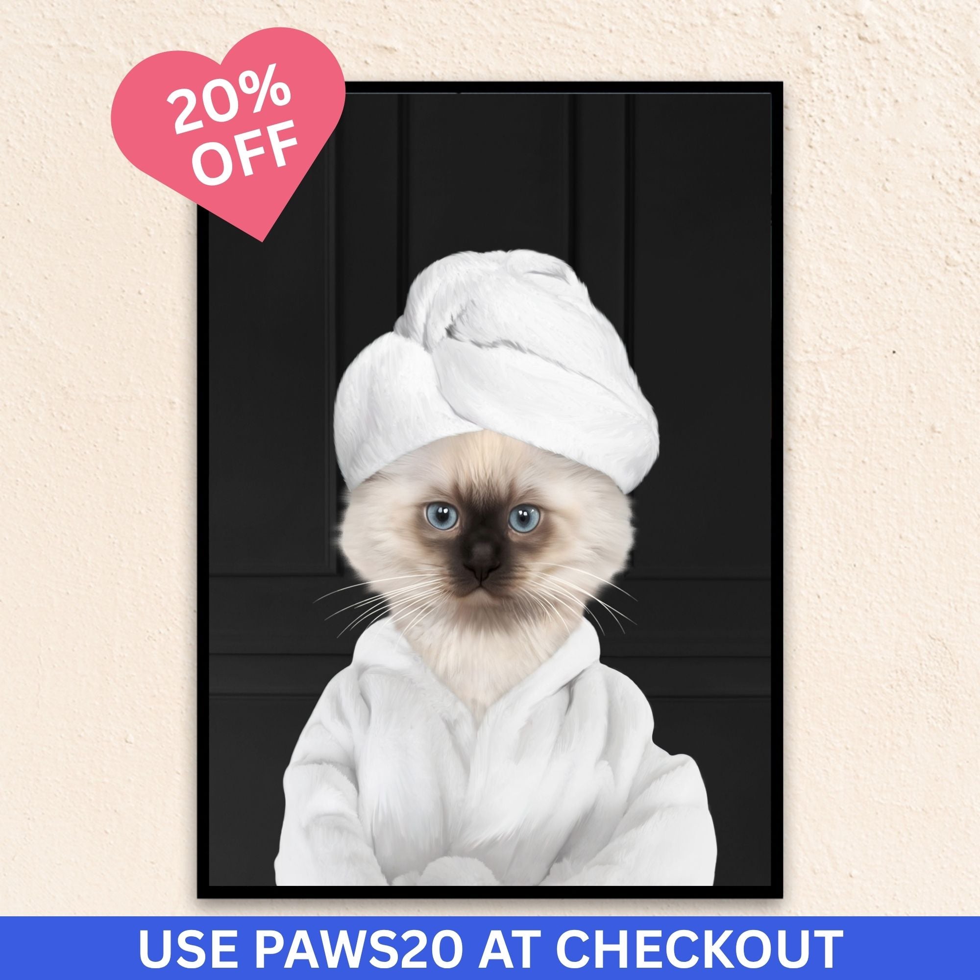 Custom bathroom cat  portrait, Siamese kitten puppy in bathrobe and towel at spa.