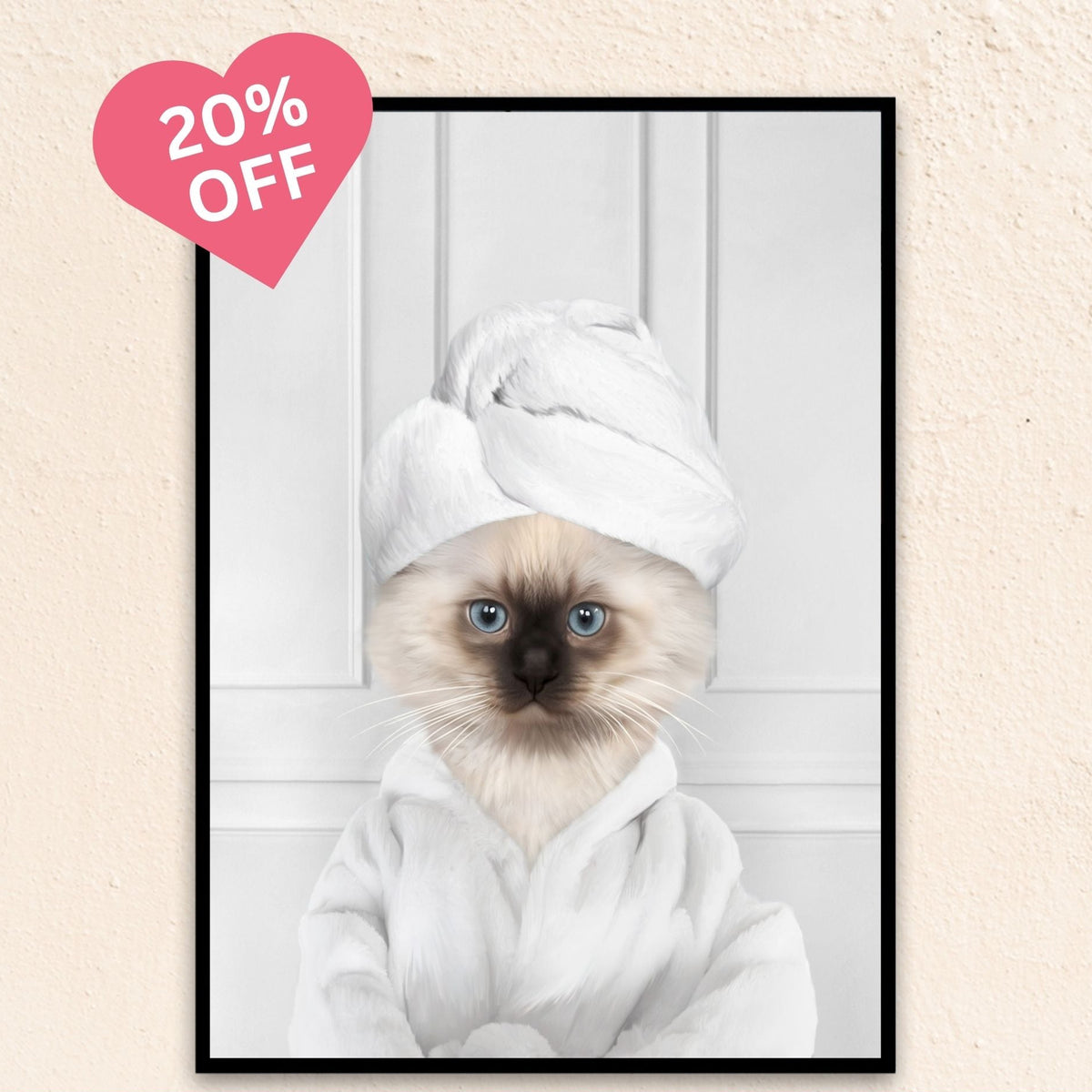 Custom cat portrait in white edition, showcasing a pampered feline in a bathrobe.