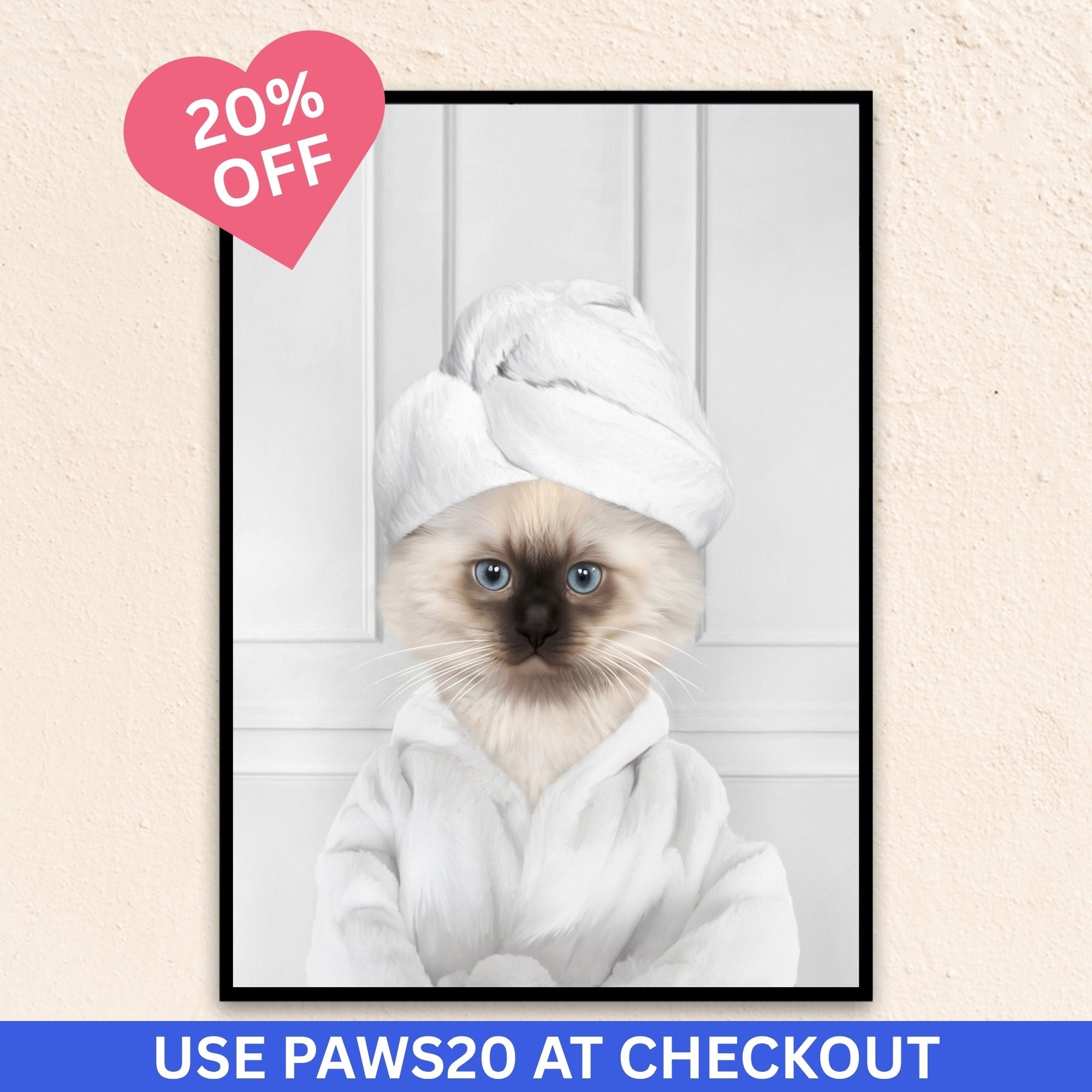 Custom bathroom cat  portrait, Siamese kitten puppy in bathrobe and towel at spa.