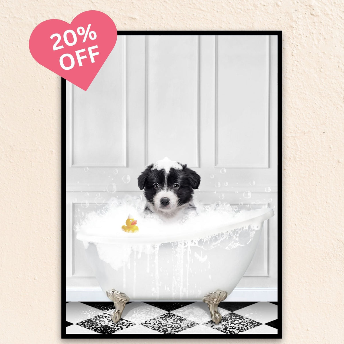 Custom funny pet portrait wall art, Border Collie puppy in bath tub with rubber duckie and black and white checker tiled floor.