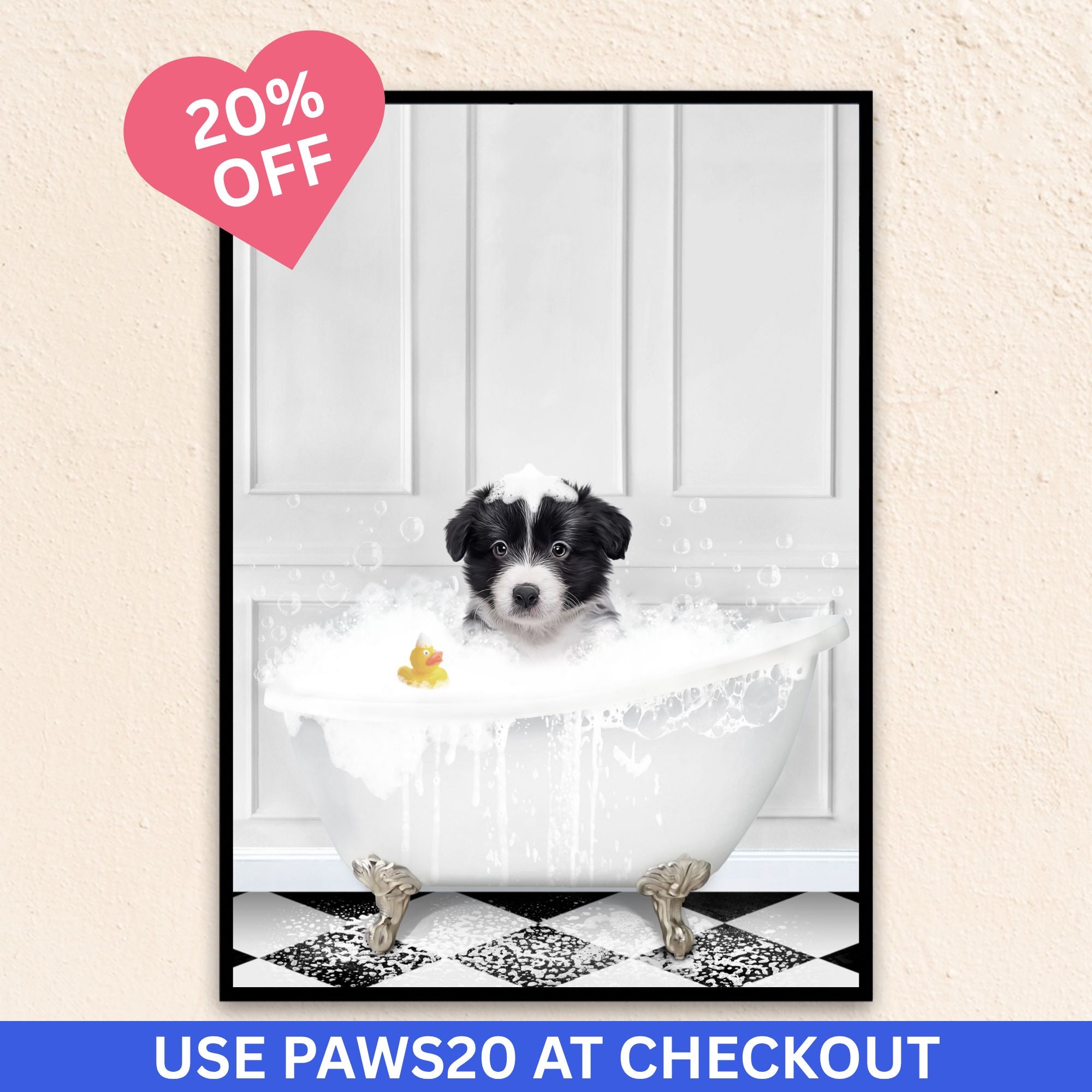 Custom funny pet portrait wall art, Border Collie puppy in bath tub with rubber duckie and black and white checker tiled floor.