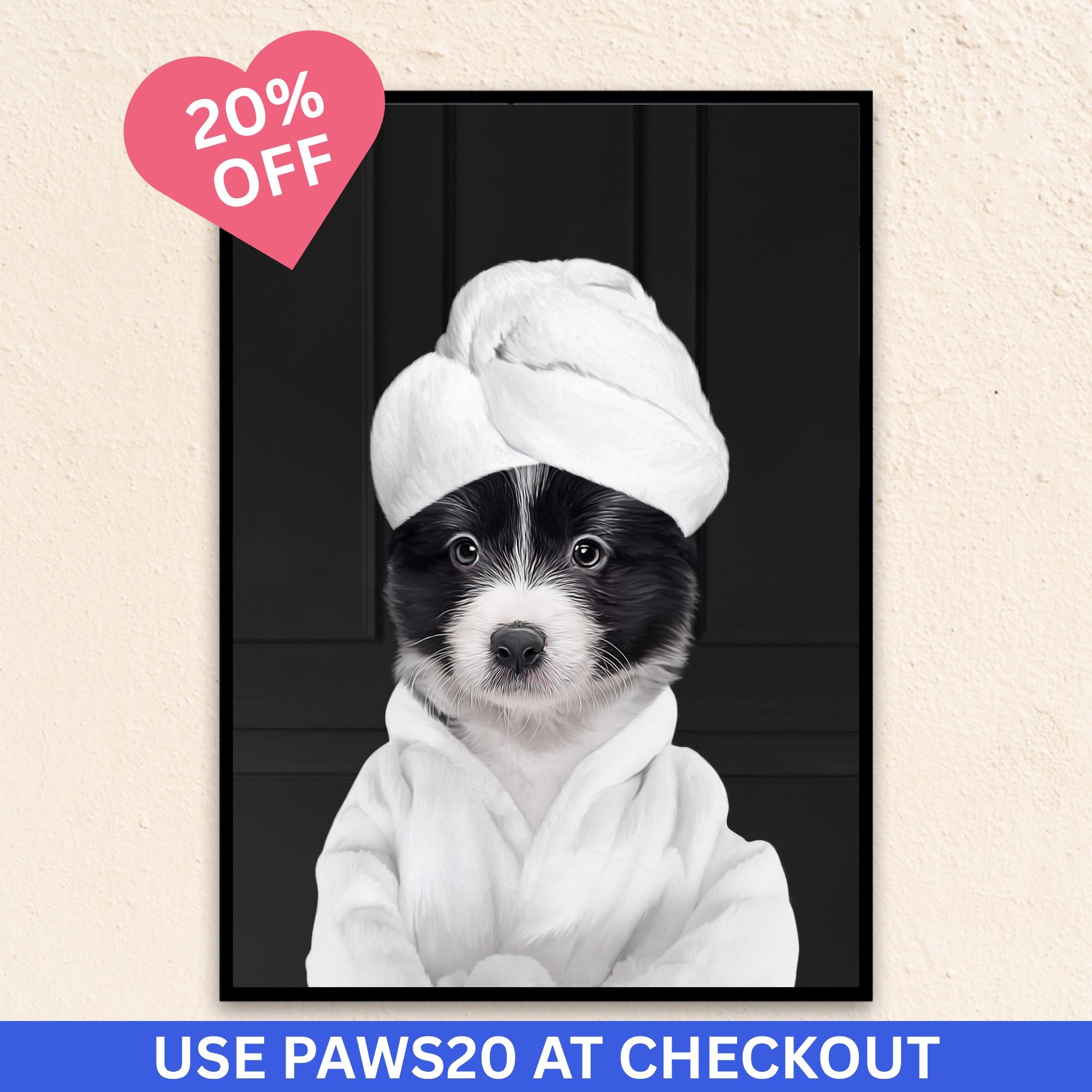 Custom funny pet portrait  wall art, Border Collie puppy in bathrobe and towel at spa.