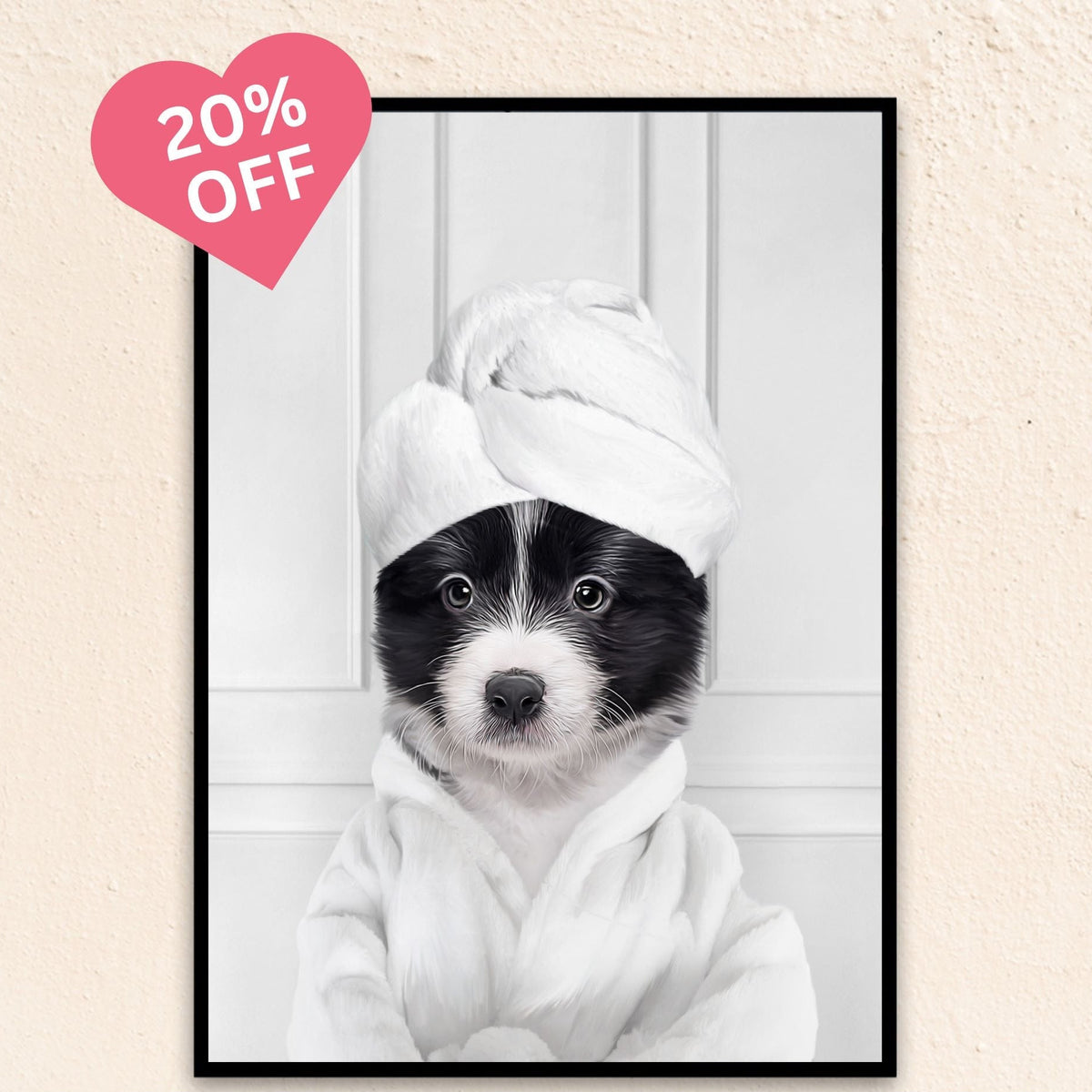 Custom funny pet portrait  wall art, Border Collie puppy in bathrobe and towel at spa.