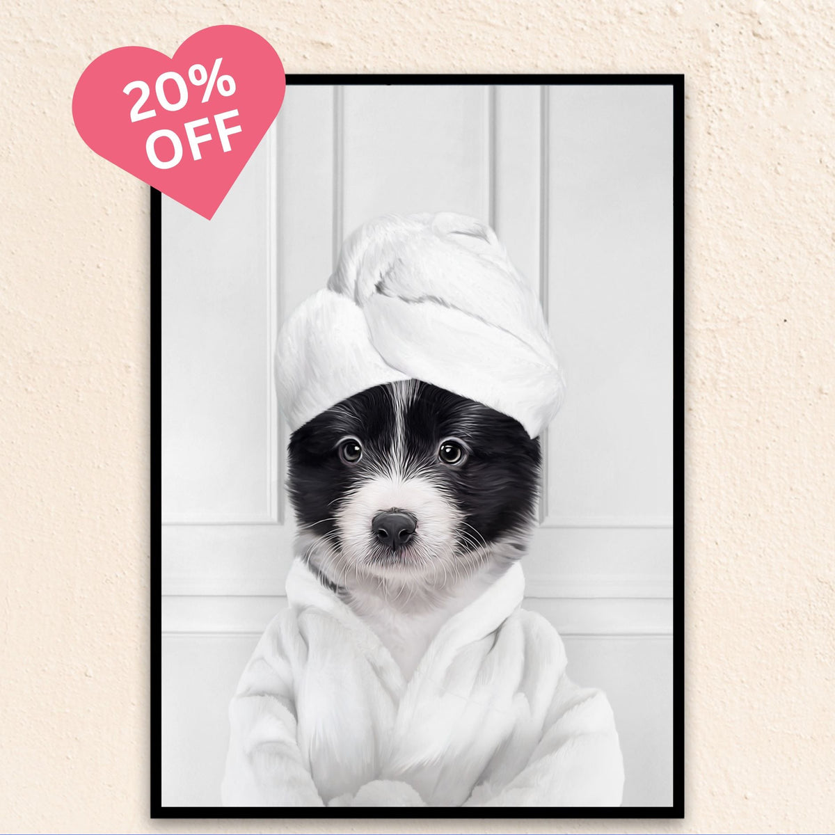 Custom funny pet portrait  wall art, Border Collie puppy in bathrobe and towel at spa.