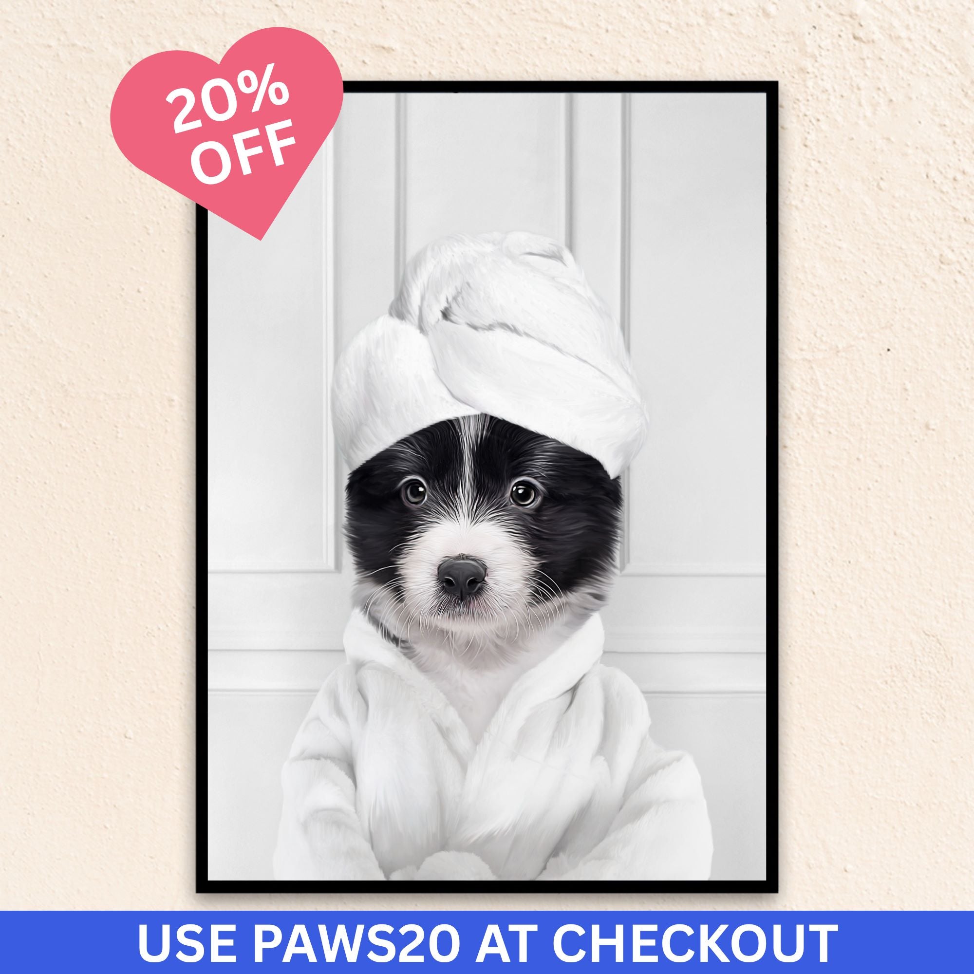 Custom funny pet portrait  wall art, Border Collie puppy in bathrobe and towel at spa.