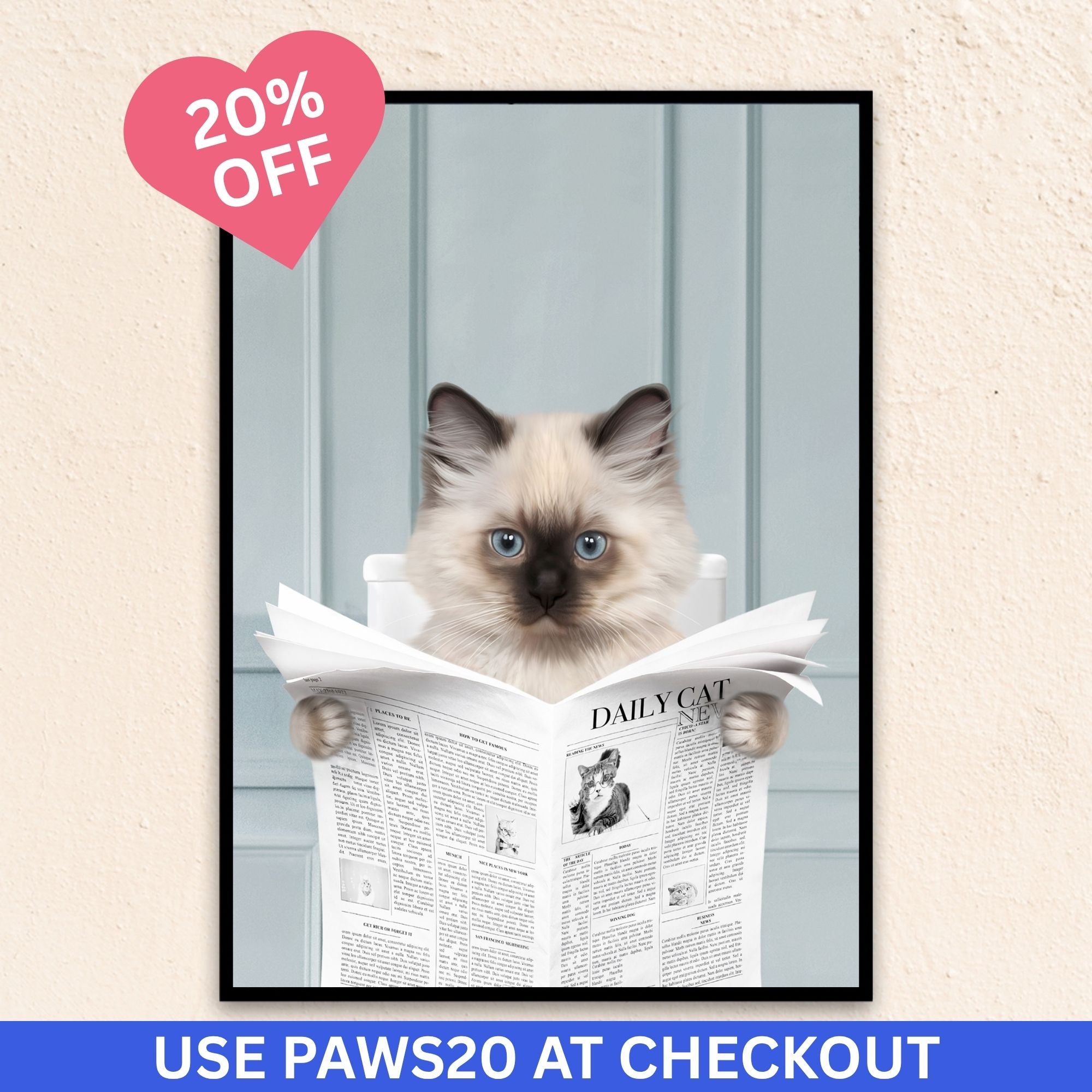 Custom bathroom cat portrait. Siamese kitten holding newspaper on toilet with black and white checker tiled floor.