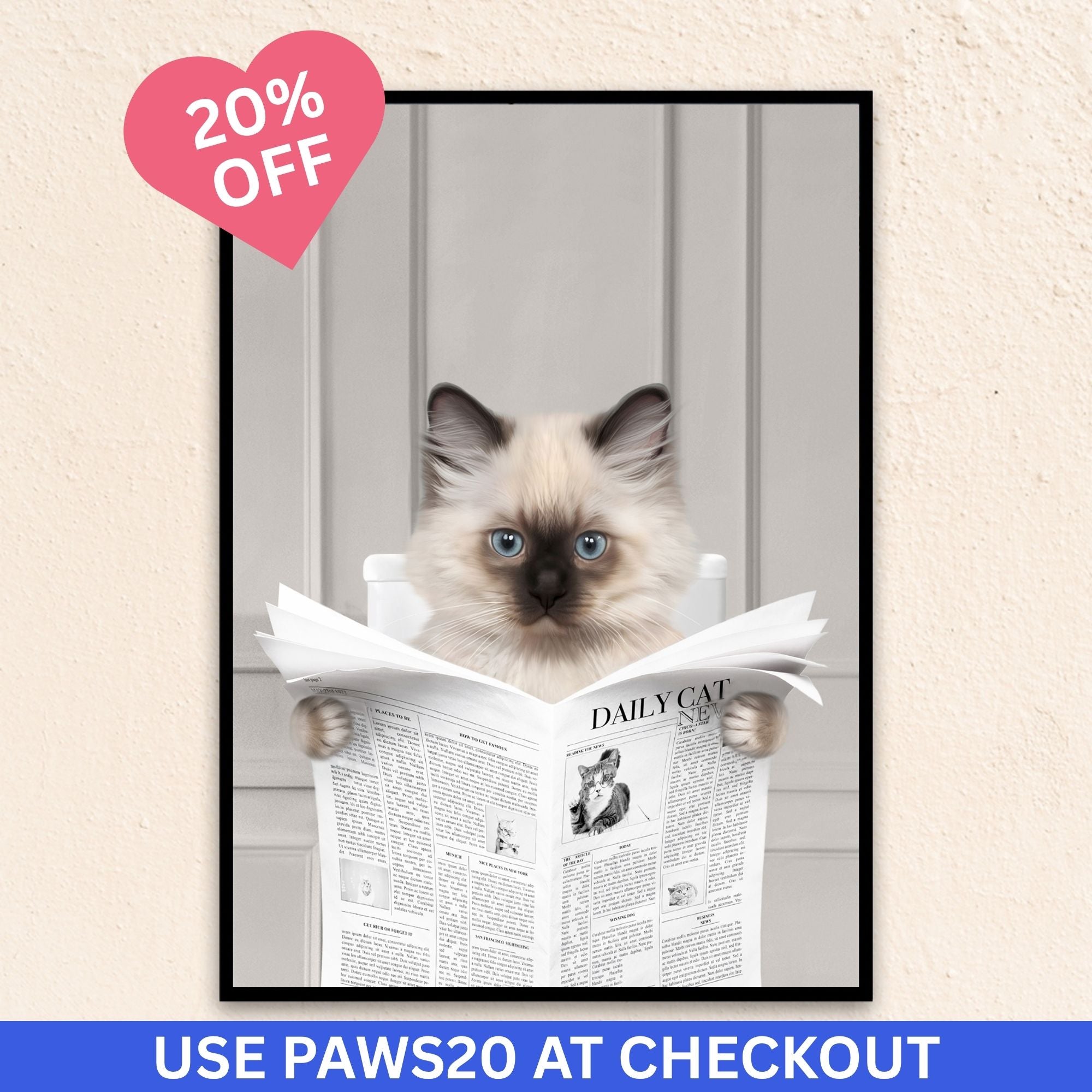 Custom bathroom cat portrait. Siamese kitten holding newspaper on toilet with black and white checker tiled floor.