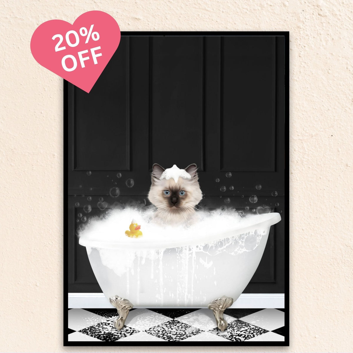 Custom cat portrait with dramatic black backdrop, featuring a pet in a bubble bath.