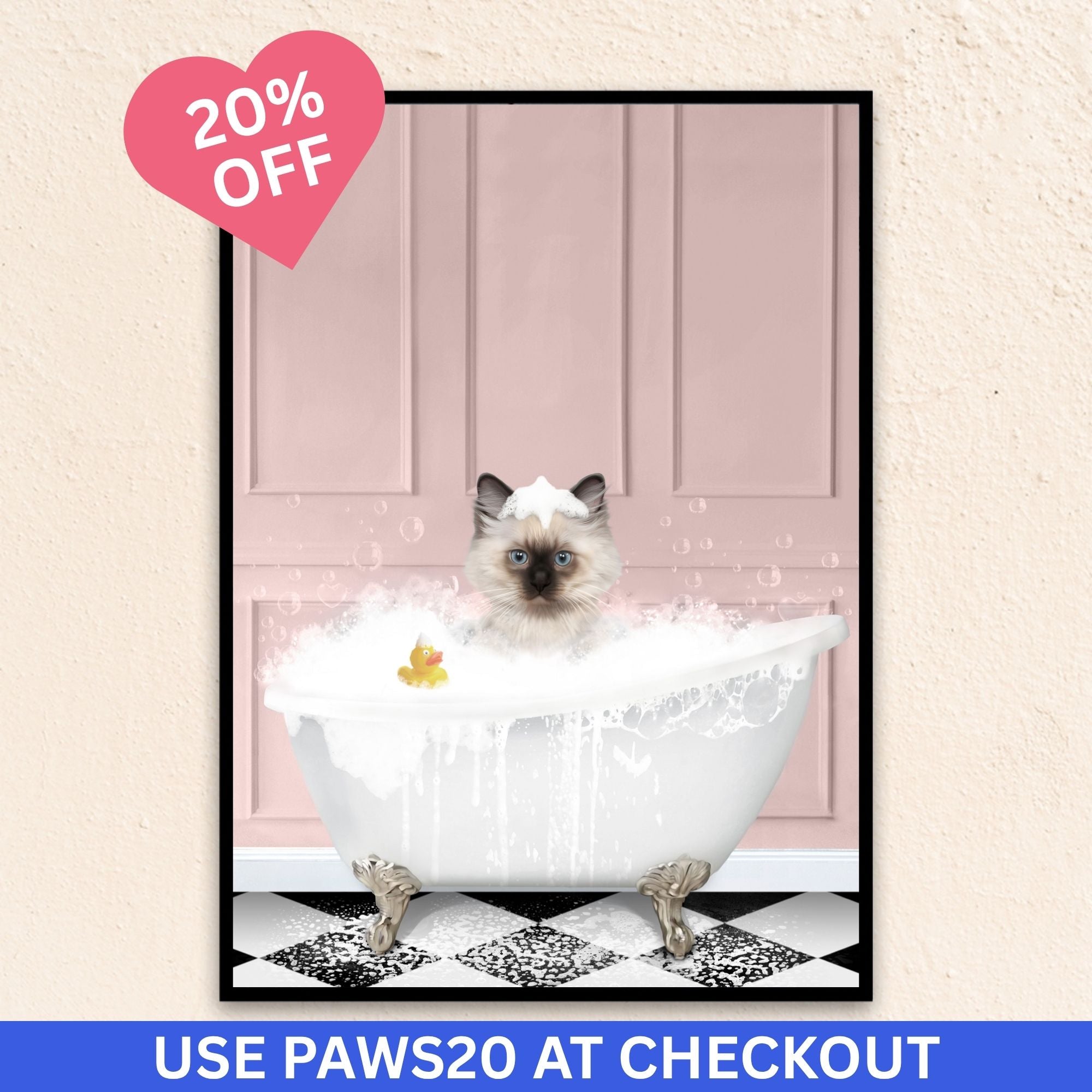 Custom bathroom cat portrait, Siamese kitten puppy in bath tub with rubber duckie and black and white checker tiled floor.