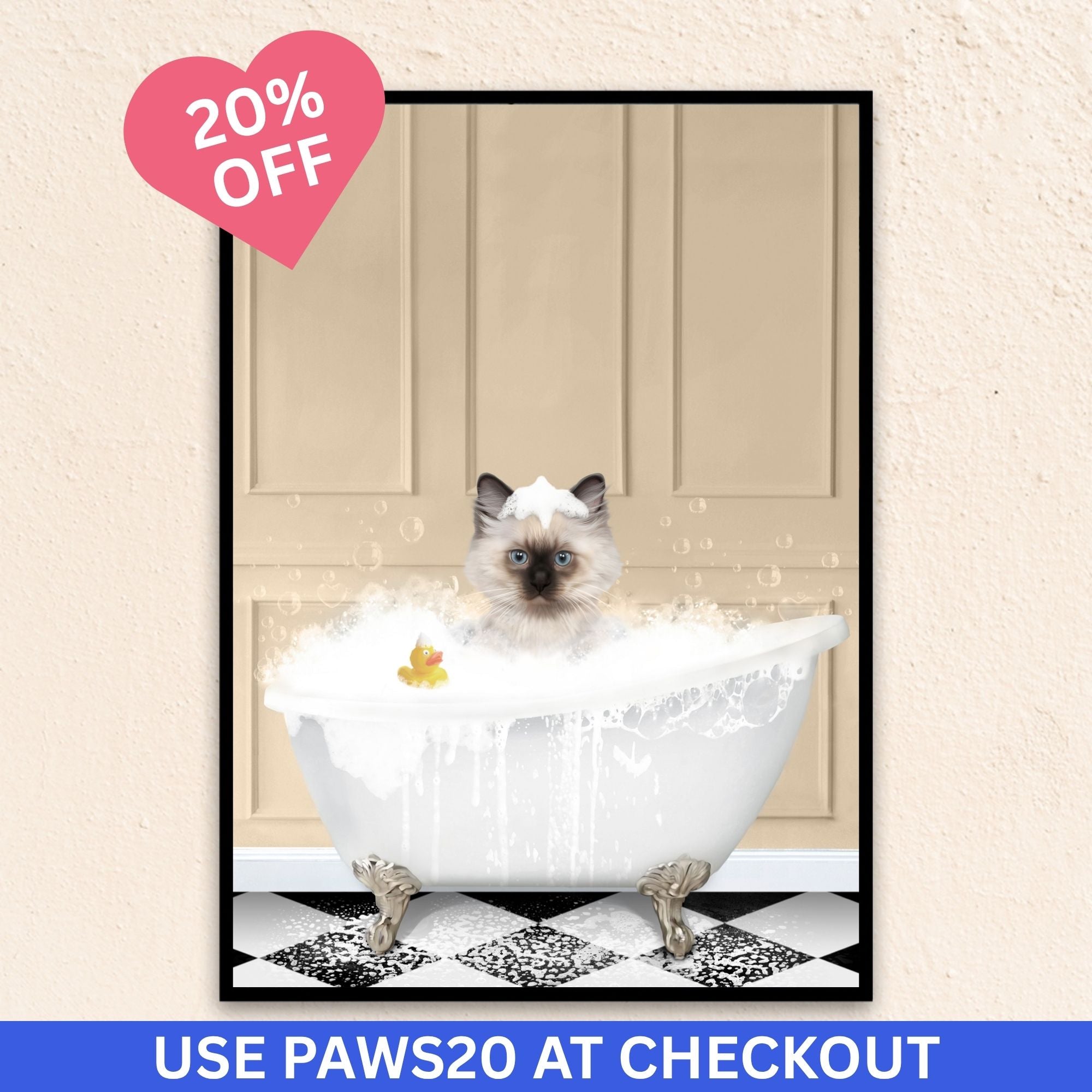 Custom bathroom cat portrait, Siamese kitten puppy in bath tub with rubber duckie and black and white checker tiled floor.