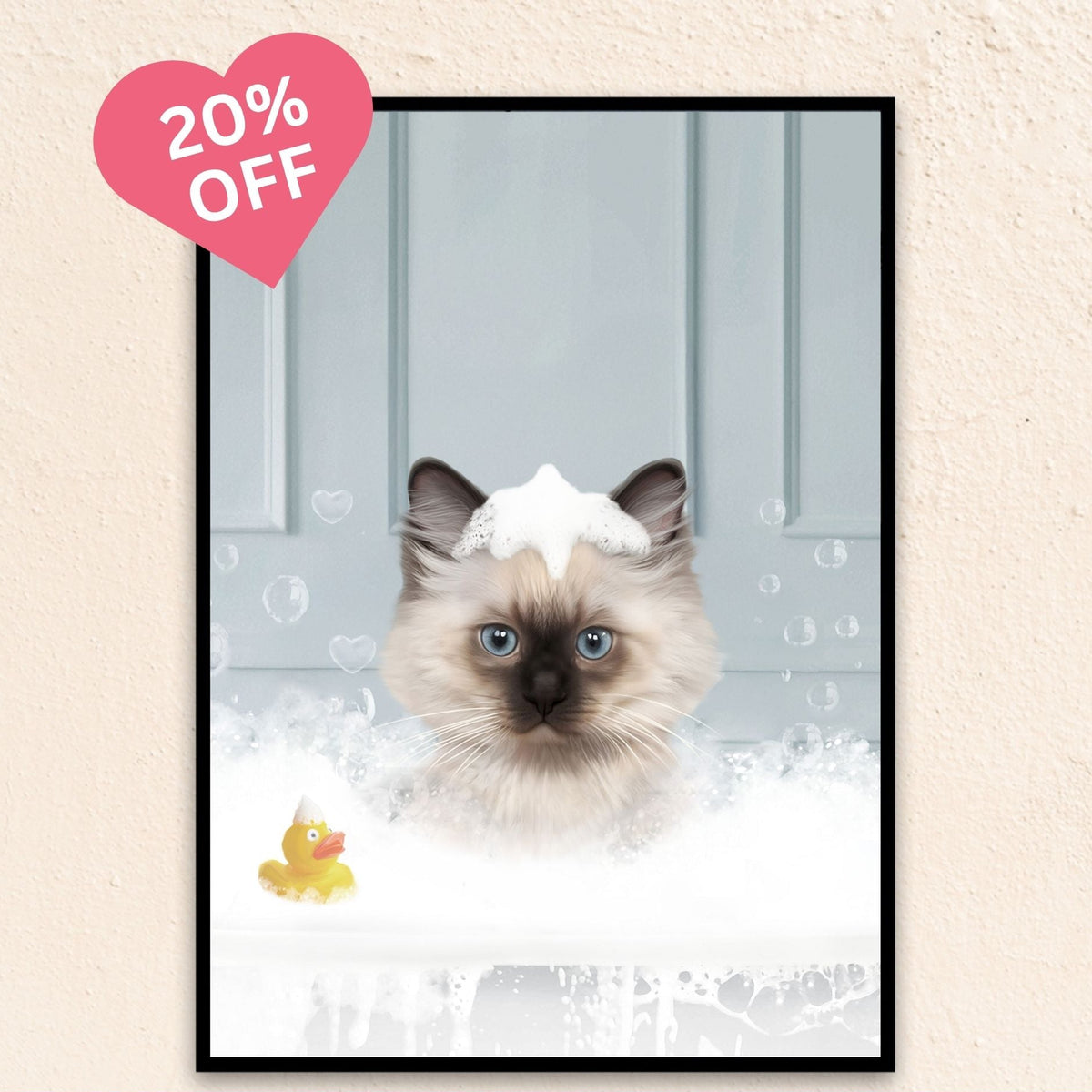 Custom close-up cat portrait of a feline relaxing in a bubble-filled tub with a duck.