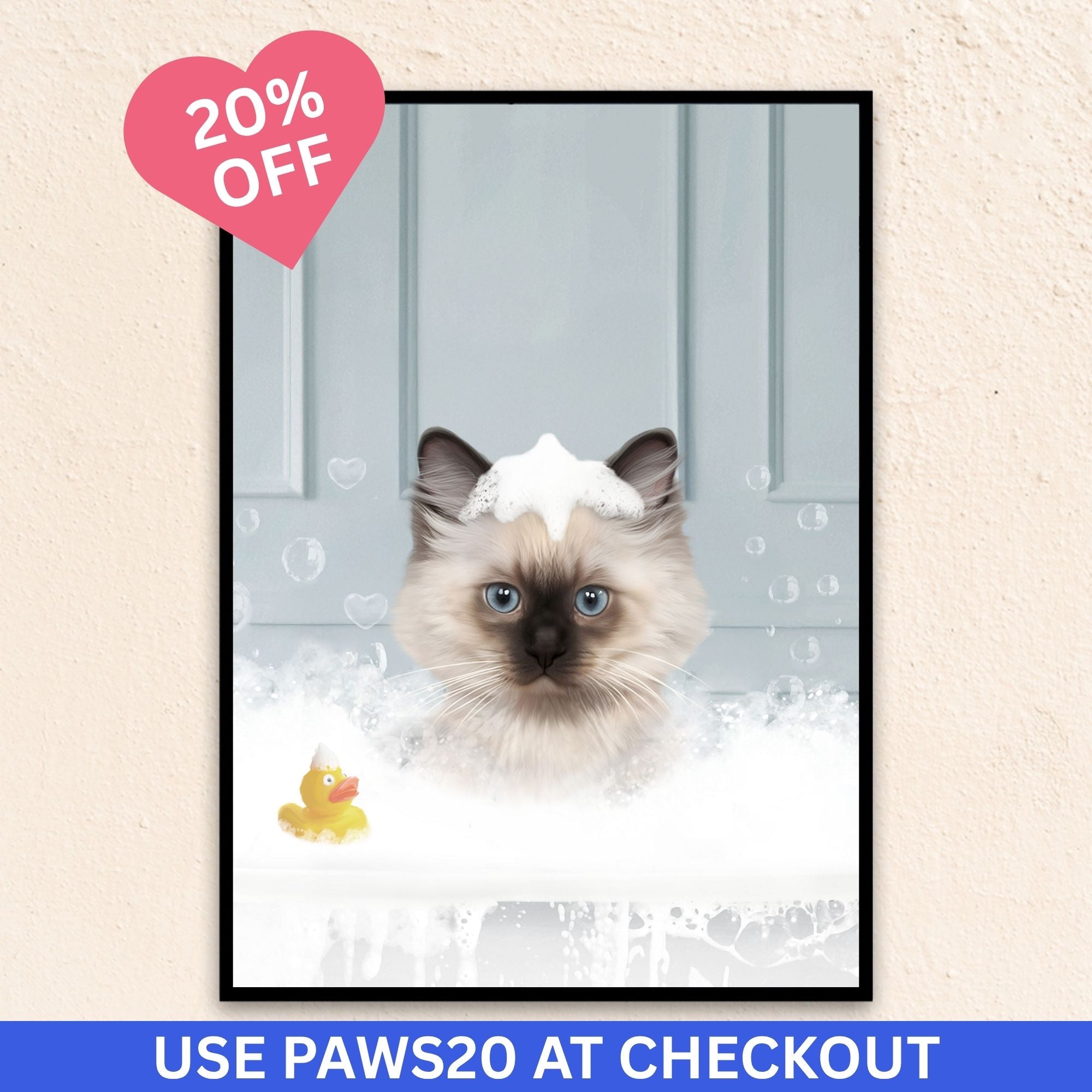 Custom bathroom cat portrait, Siamese kitten puppy in bath tub with rubber duckie and black and white checker tiled floor.