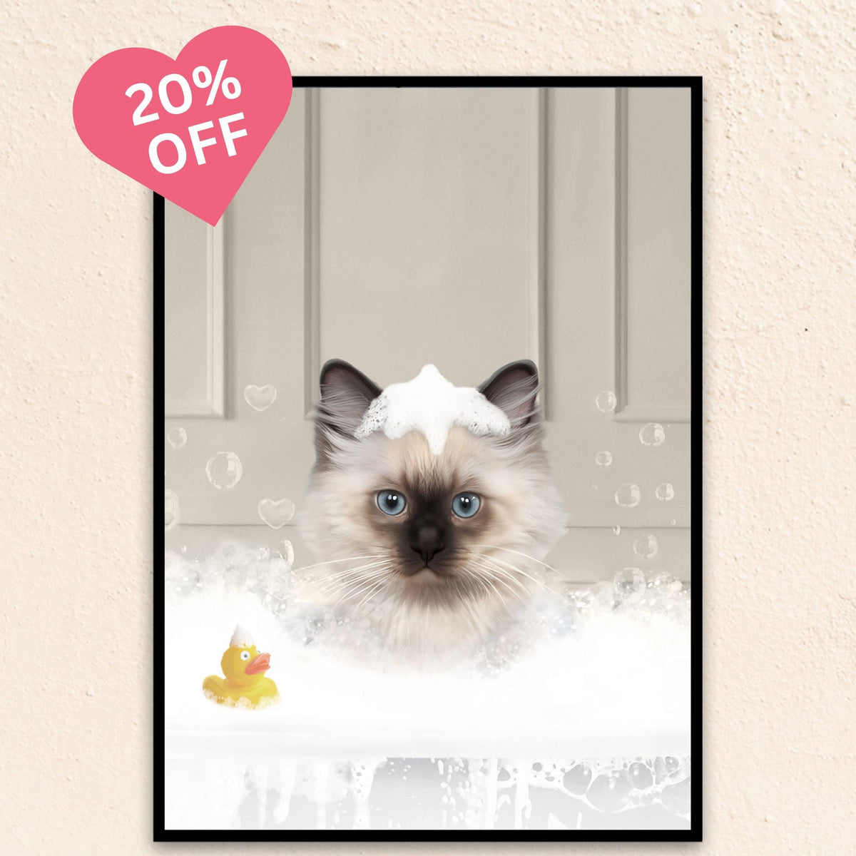 Custom bathroom cat portrait, Siamese kitten puppy in bath tub with rubber duckie and black and white checker tiled floor.