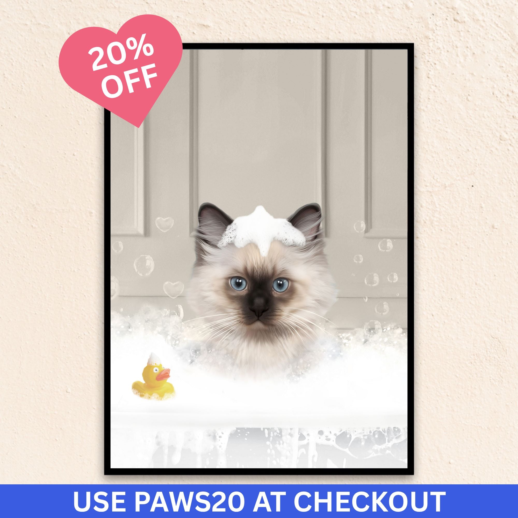 Custom bathroom cat portrait, Siamese kitten puppy in bath tub with rubber duckie and black and white checker tiled floor.