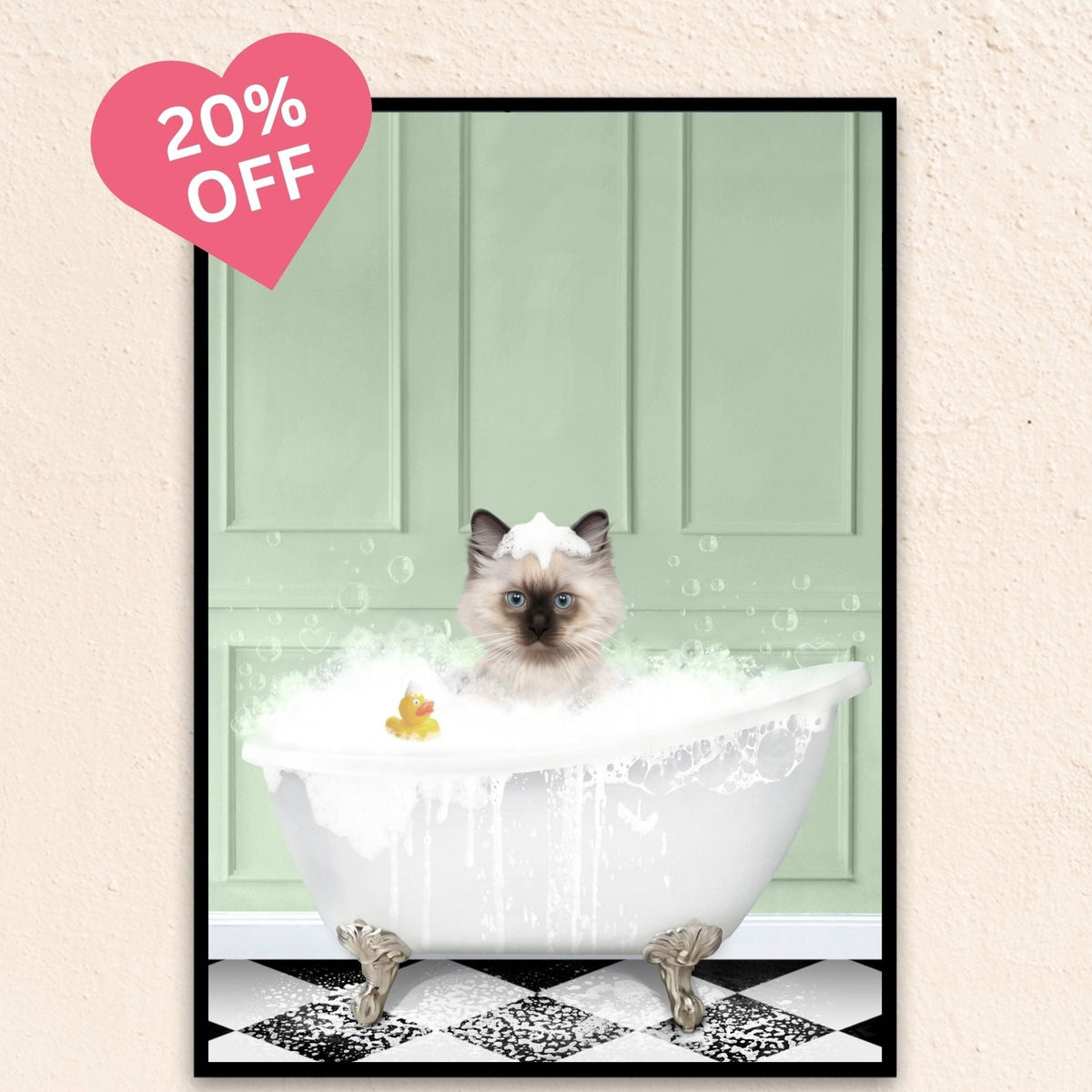 Sea green background cat portrait of a pet enjoying a bubble bath with playful details.