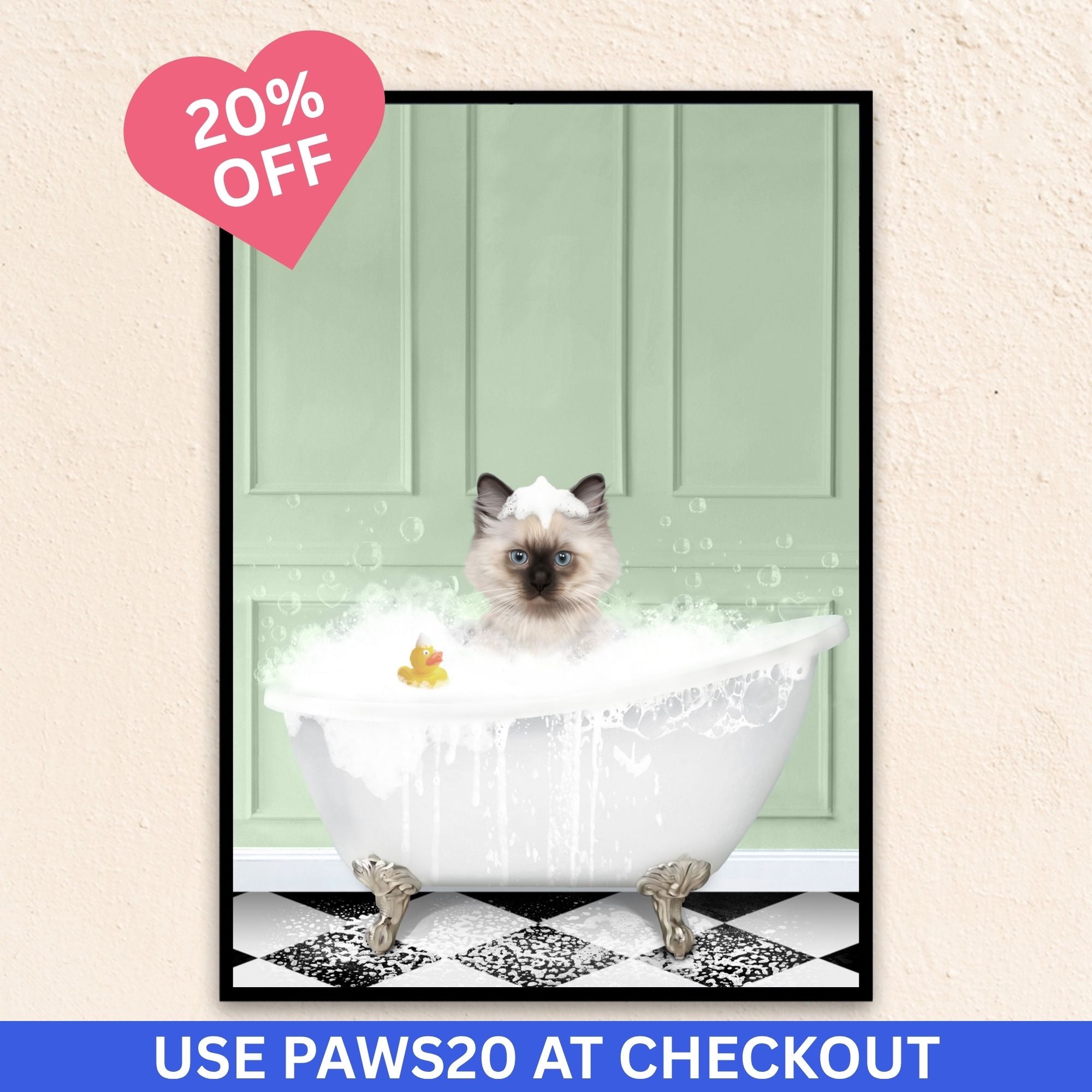 Custom bathroom cat portrait, Siamese kitten puppy in bath tub with rubber duckie and black and white checker tiled floor.
