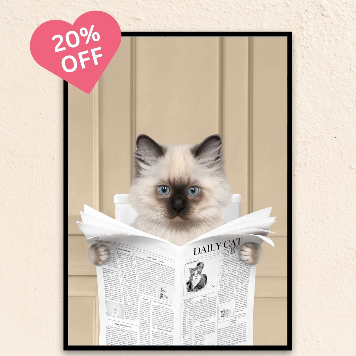 Custom bathroom cat portrait. Siamese kitten holding newspaper on toilet with black and white checker tiled floor.