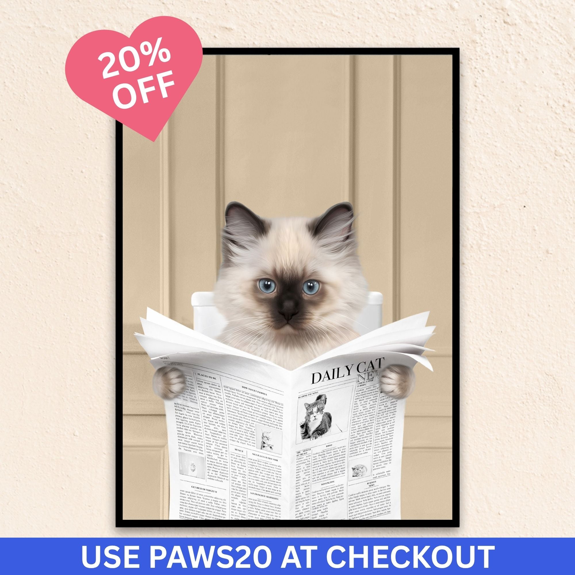 Custom bathroom cat portrait. Siamese kitten holding newspaper on toilet with black and white checker tiled floor.