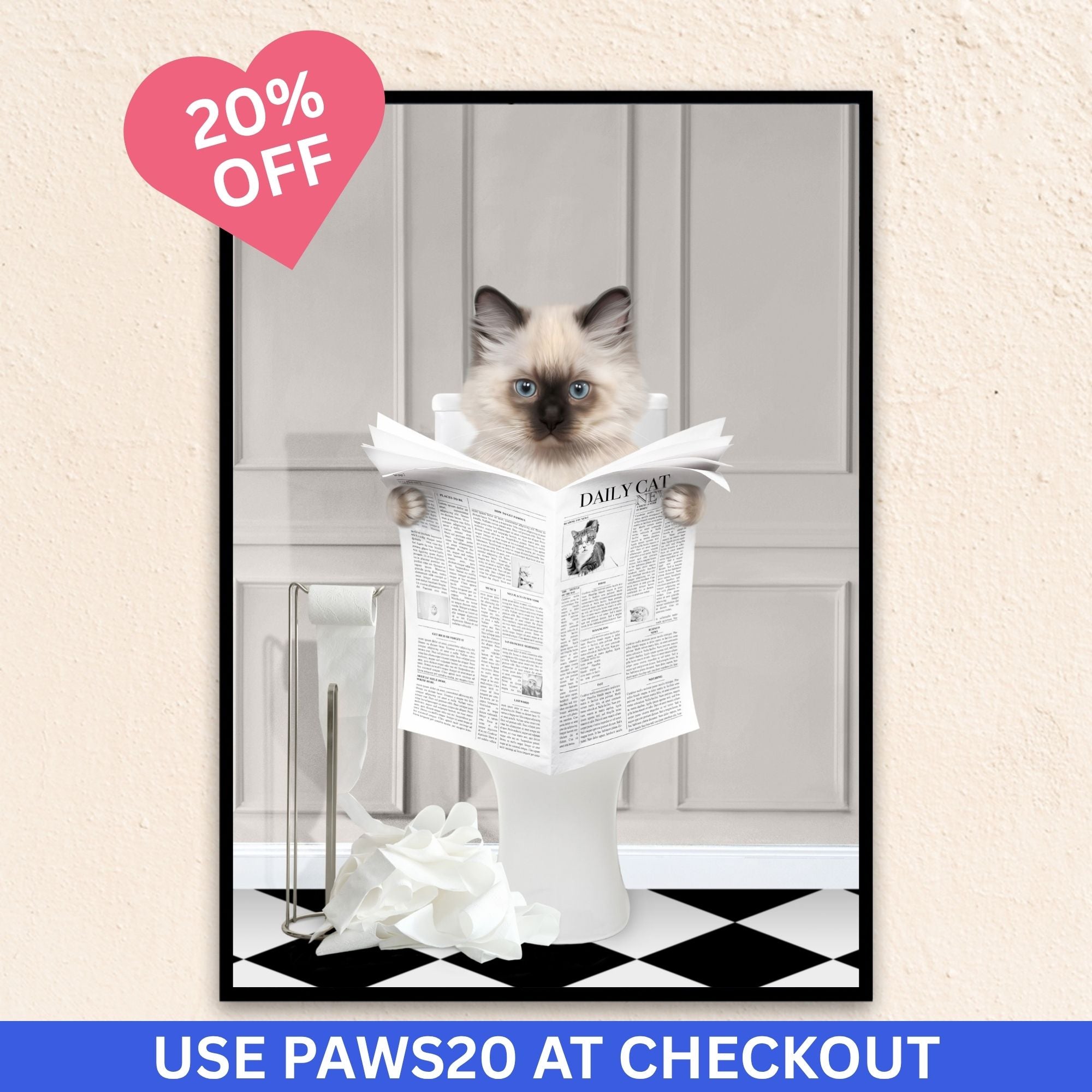 Custom bathroom cat portrait. Siamese kitten holding newspaper on toilet with black and white checker tiled floor.