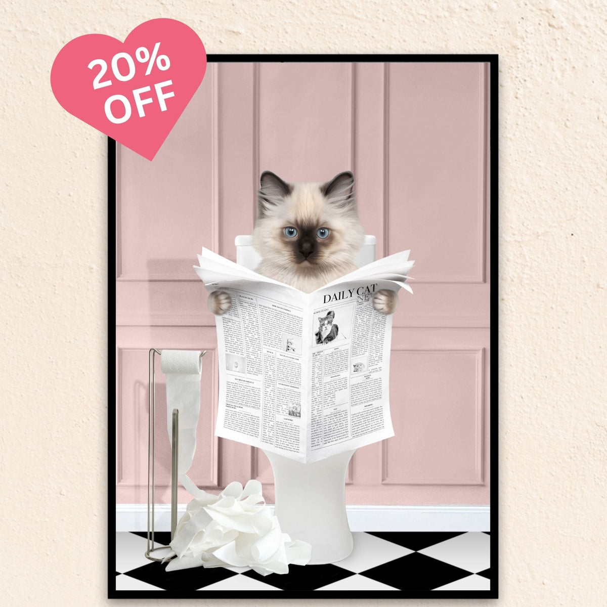 Custom pink cat portrait of a pet reading the newspaper, blending humor with cozy charm.