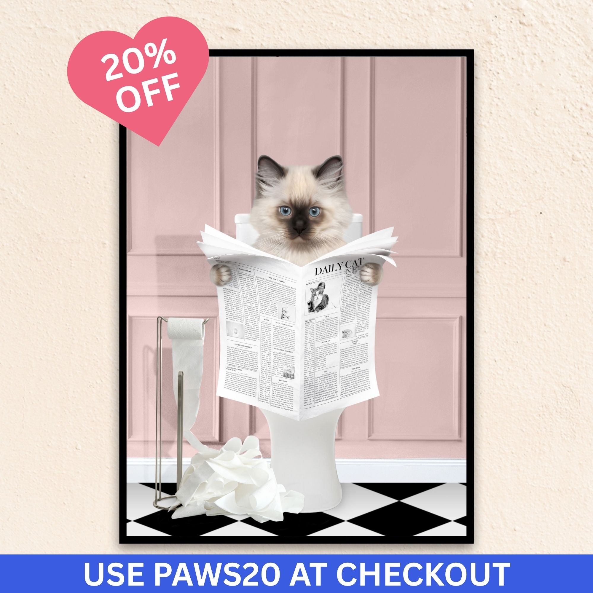 Custom bathroom cat wall art. Siamese kitten holding newspaper on toilet with black and white checker tiled floor.