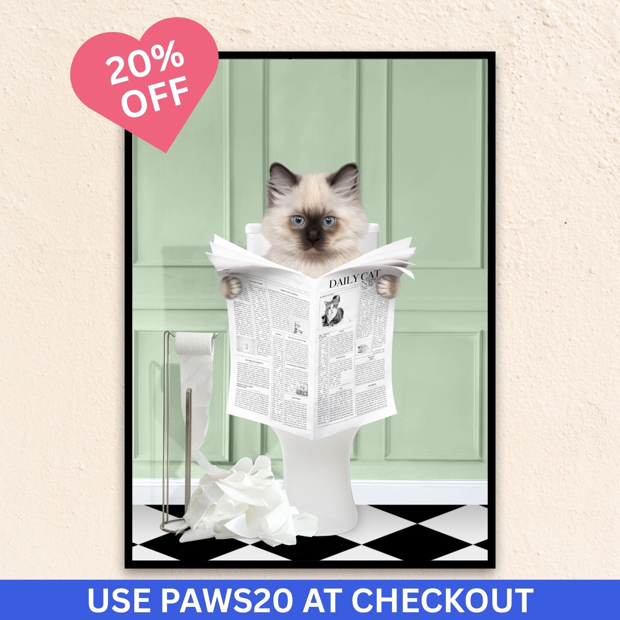 Custom bathroom cat portrait. Siamese kitten holding newspaper on toilet with black and white checker tiled floor.