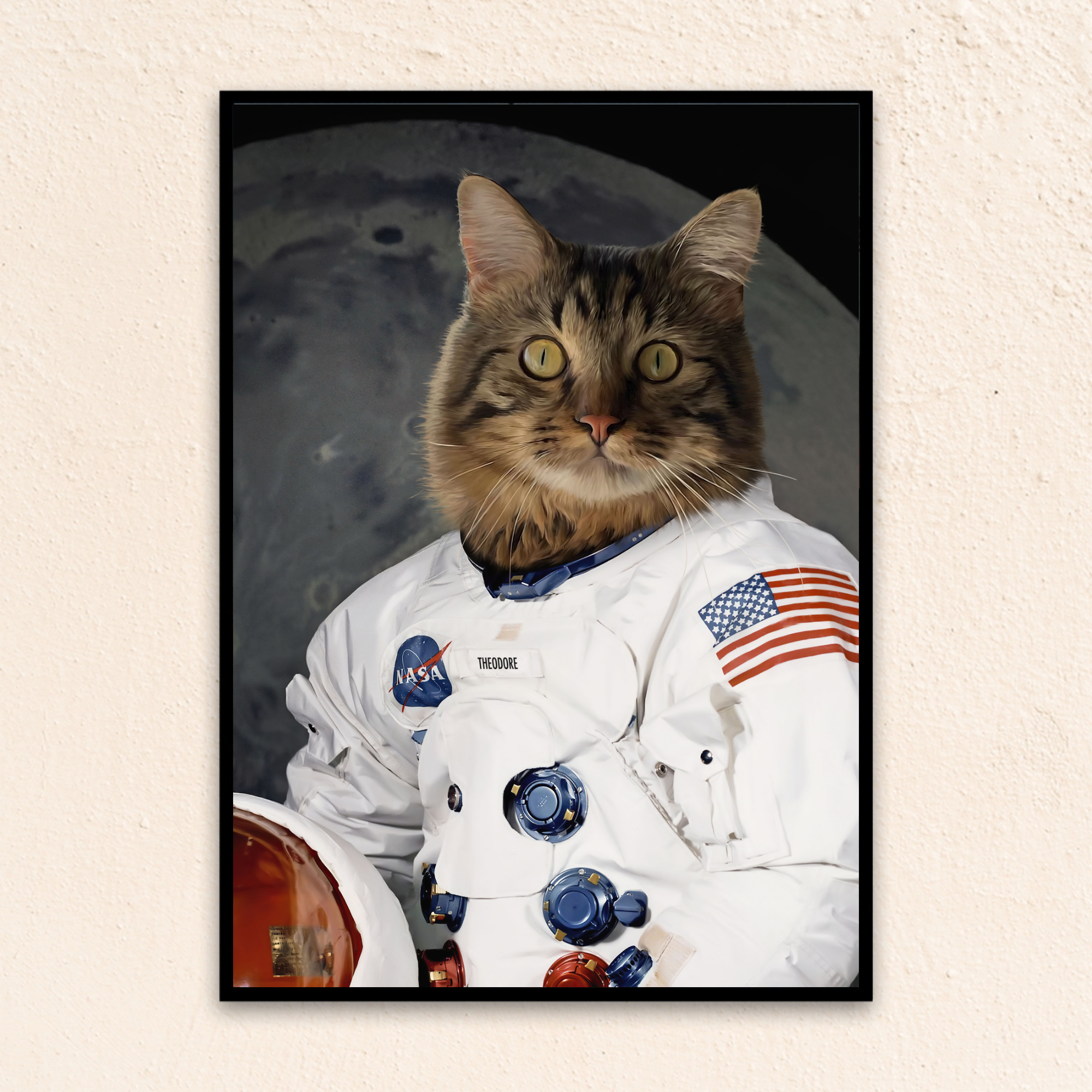 Custom funny cat portrait wall art. Tortoise shell cat wearing an astronaut suit.